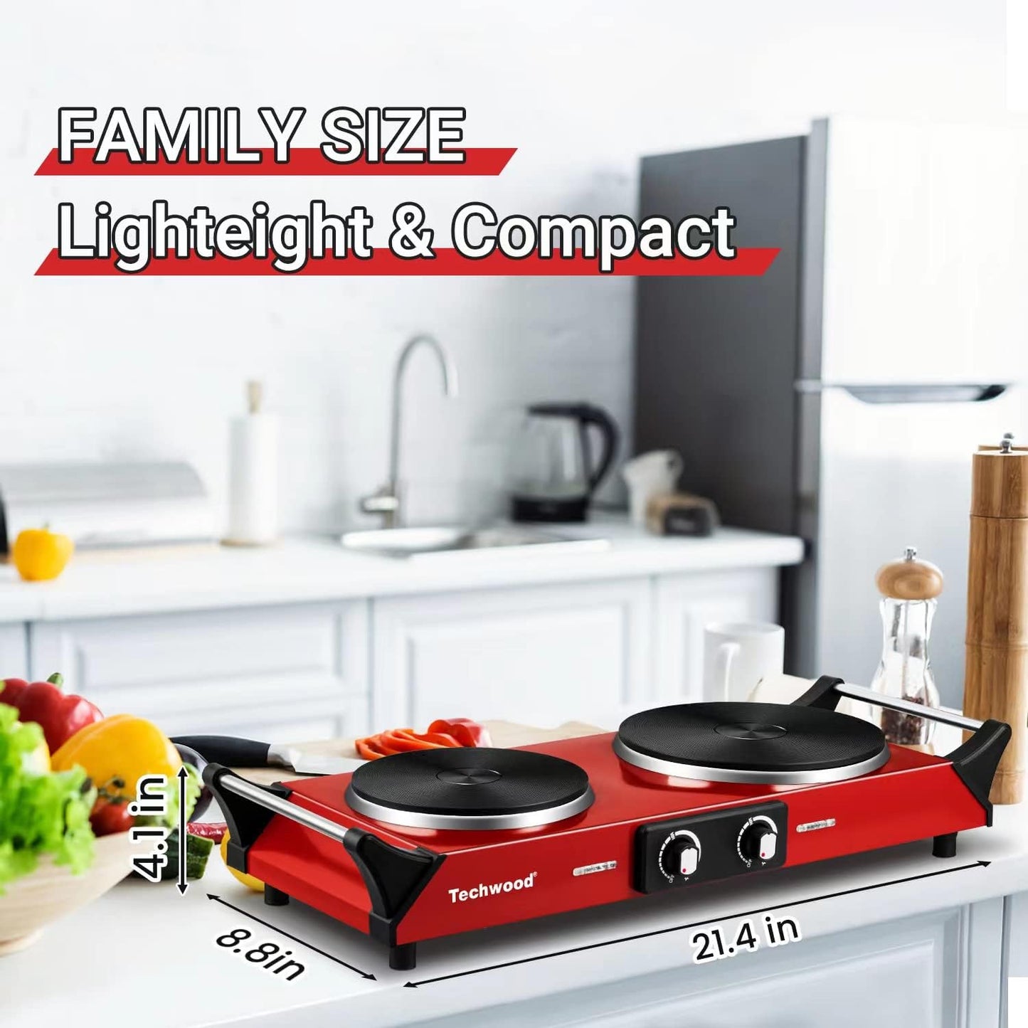 Hot Plate, Techwood 1800W Portable Electric Stove for Cooking Countertop Dual Burner with Adjustable Temperature & Stay Cool Handles, 7.5” Cooktop for Home/RV/Camp, Compatible for All Cookware, Red