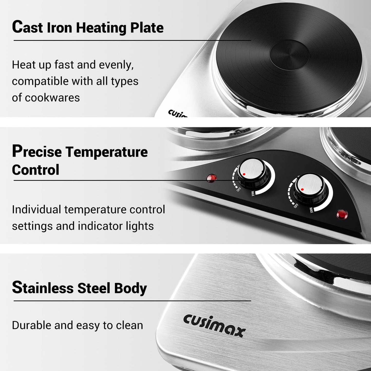 Double Burner, CUSIMAX 1800 Watts Electric Hot Plate for Cooking, Countertop Burner Portable Cast Iron Hot Plates with Dual Adjustable Temperature, Easy to Clean, Sliver