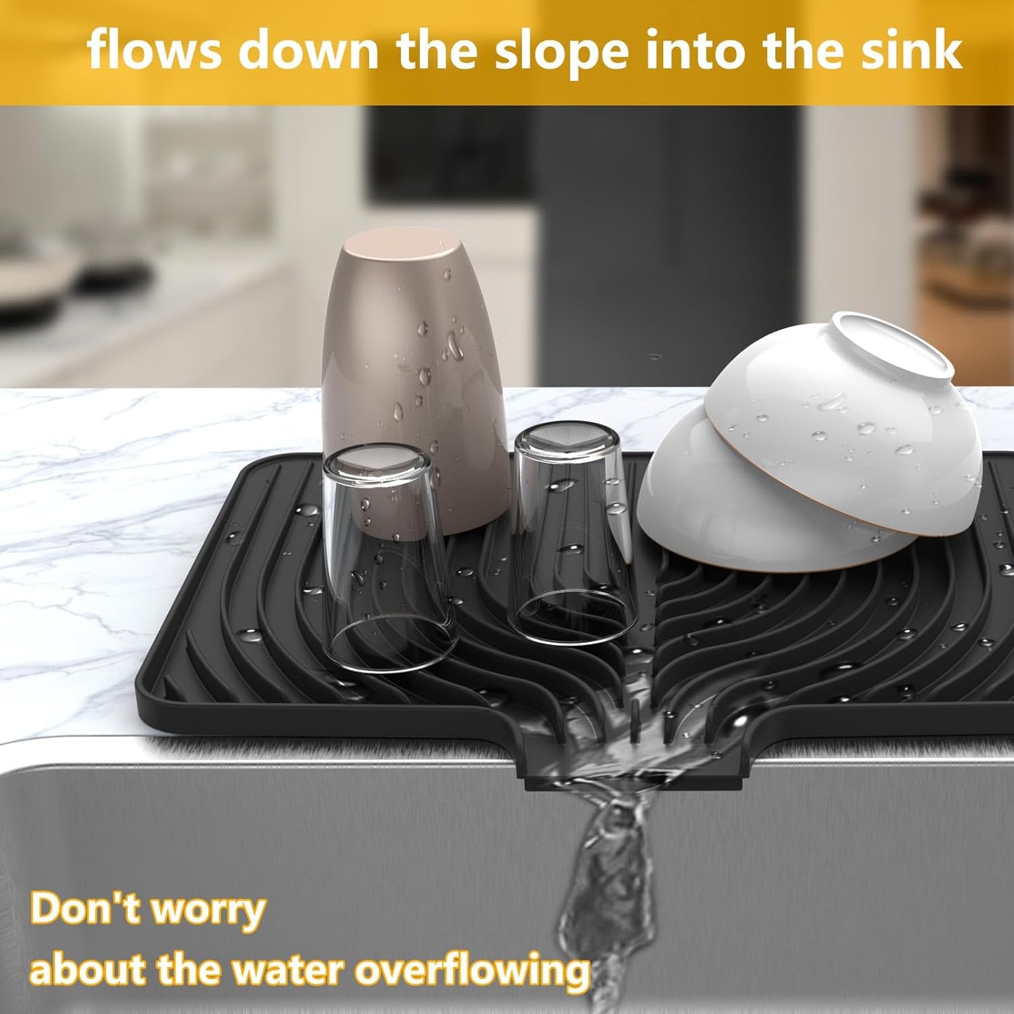 Silicone Drying Mat for Kitchen Counter,18"×12" Silicone Dish Drying Mat with Board Drain,Rubber Kitchen Counter Dry Matt for Dishes Drying Rack(black)