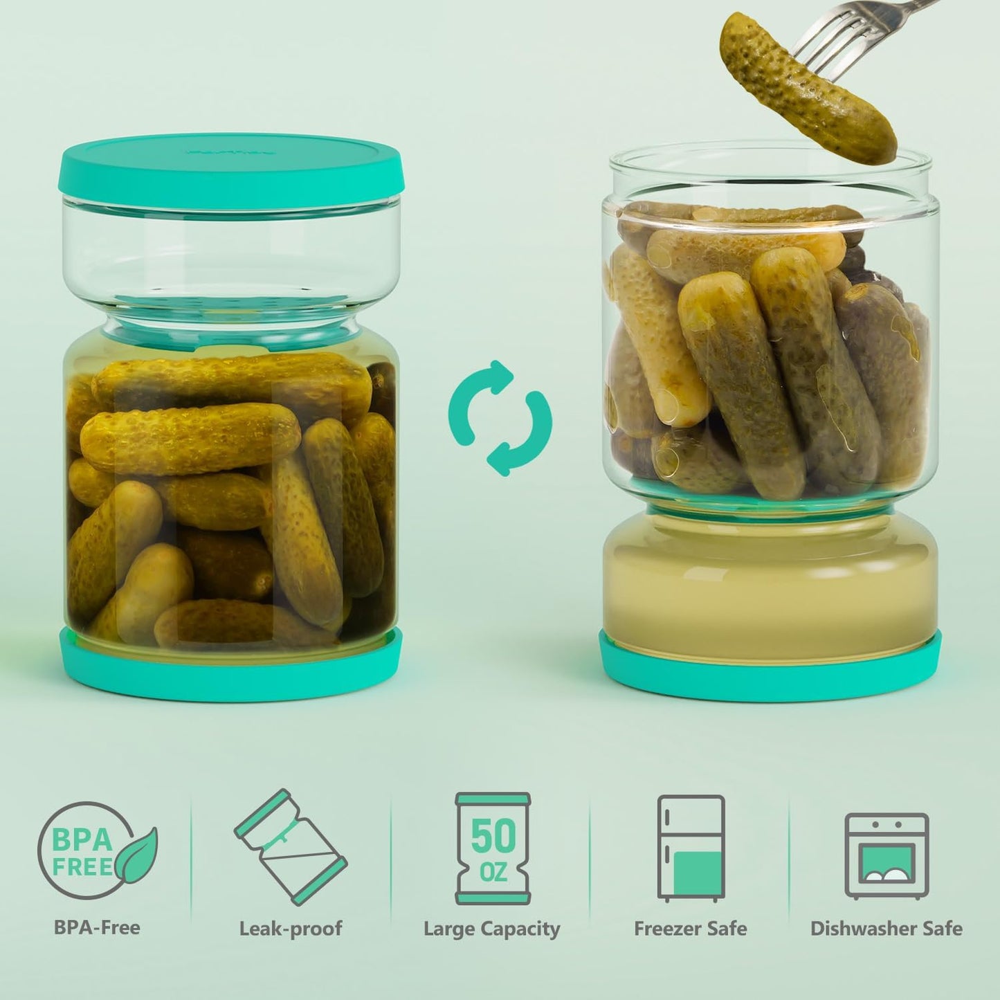 Glass Pickle Jar with Strainer for Pickle Lover - 50 oz Airtight Olive Container with Silicone Lids, Kitchen Organization Must-Have Versatile Hourglass Jar, BPA-Free, Dishwasher Safe (Green)