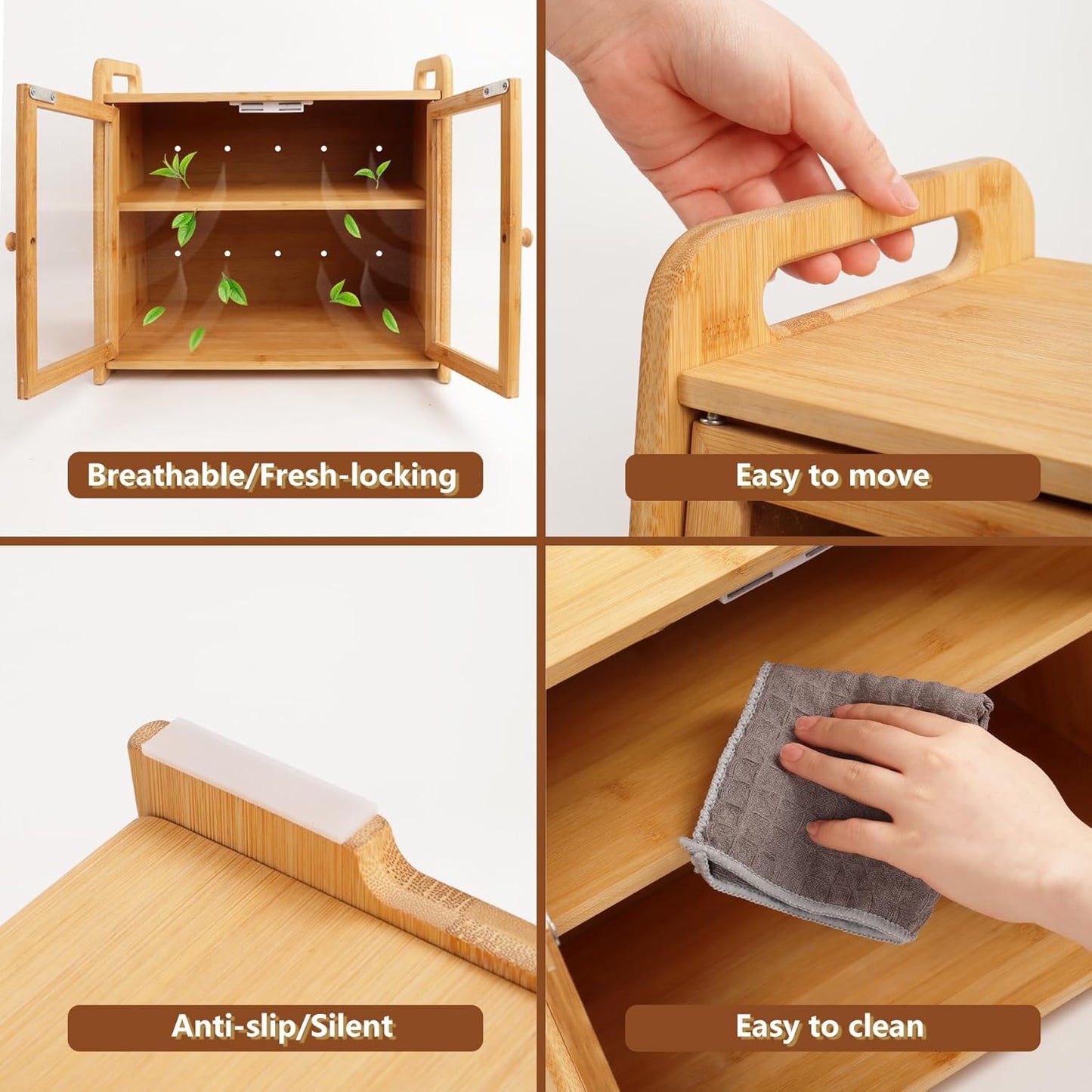 AMBIRD Bamboo Bread Box 20L Large Capacity with Clear Acrylic Doors - Double Layer Food-Safe Bread Storage with Air Vents and Side Handles - Keep Bread Fresh and Counter Clutter-Free