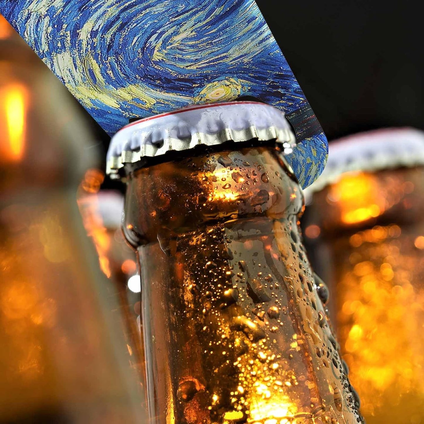 Starry Night Stainless Steel Bottle Opener Van Gogh Oil Panting Art Classic Vivid Star Cloud Universe Creative Flat Beer Bottle Opener Keychain for Home Kitchen Bar Restaurant Party Gift