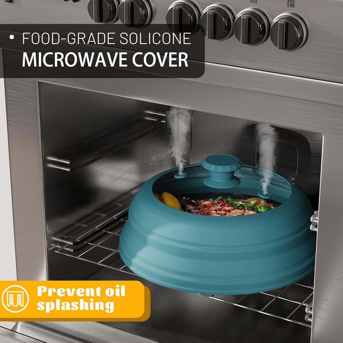 Collapsible Microwave Splatter Cover - Vented Silicone & Glass Lid with Easy-Grip Handle, Fits 6 to 11 Inch Plates & Bowls, 11.8 Inch Diameter, Prevents Splatters & Ensures Even Heating