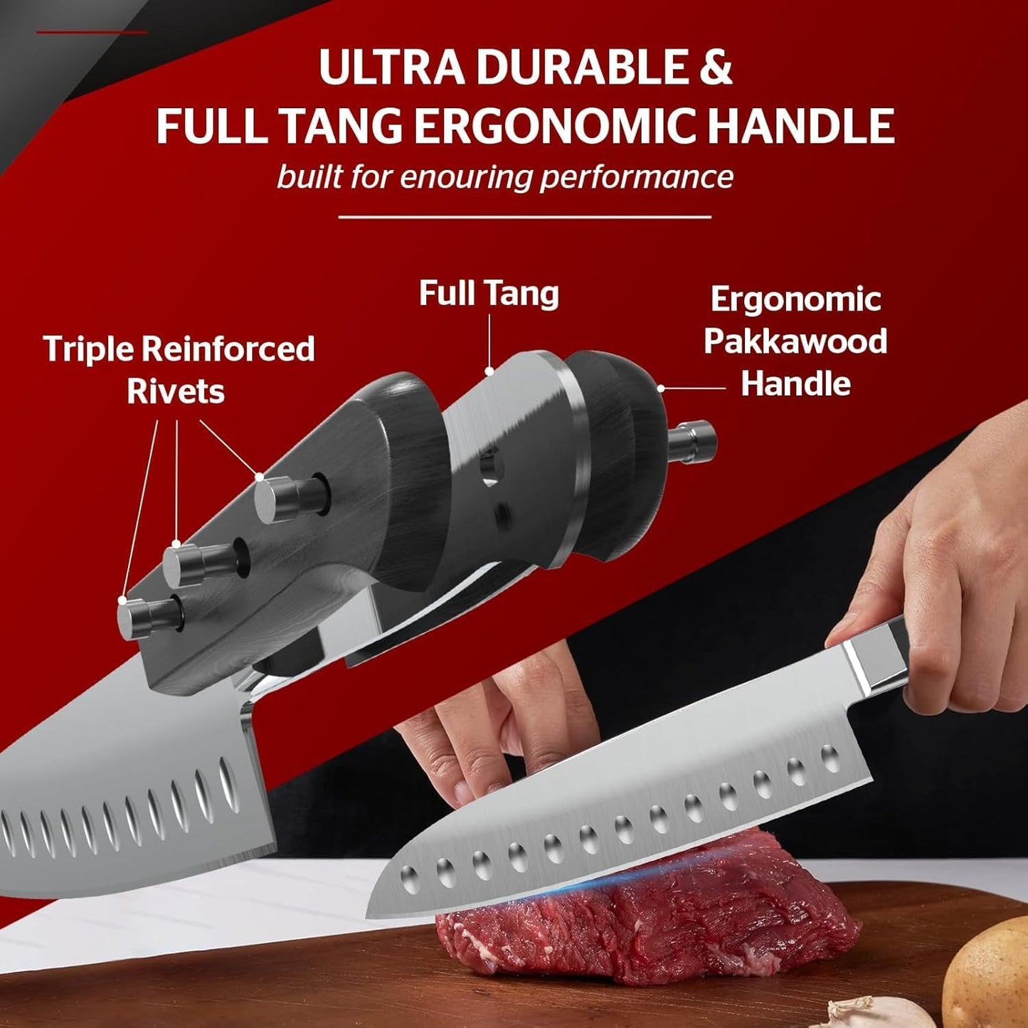 Sunhouse Santoku Knife 7 inch,AUS-8 Stainless Steel – Superior 59HRC Hardness, Full Tang, Ergonomic Handle, Perfect Gifts for Mom or Dad,Premium Gifts