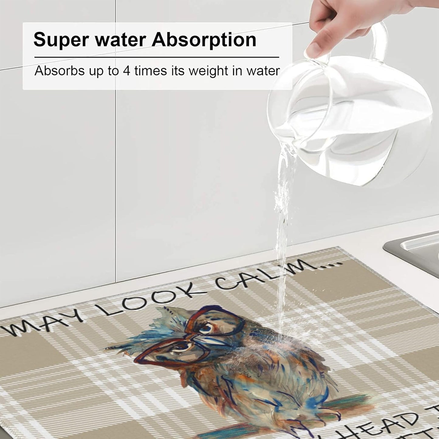 Funny Owl Dish Drying Mat for Kitchen Counter Cute Buffalo Plaid Drying Mat Washable Absorbent Reversible Microfiber Drying Pad Kitchen Accessories 16"x18"