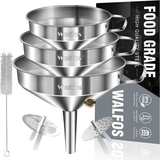 Stainless Steel Funnel, Walfos 3 Pack Kitchen Funnel with 2 Removable Strainer ＆ 1Pcs Cleaning Brush, Perfect for Transferring of Liquid, Oils, Jam, Dry Ingredients & Powder