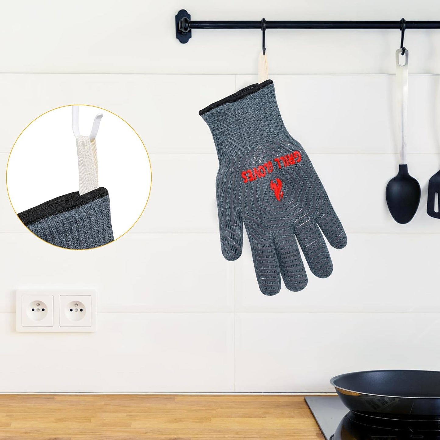 QUWIN BBQ Gloves, Oven Gloves 1472℉ Extreme Heat Resistant, Grilling Gloves Silicone Non-Slip Oven Mitts, Kitchen Gloves for BBQ, Grilling, Cooking, Baking-1 Pair… (Grey, One Size Fits Most)