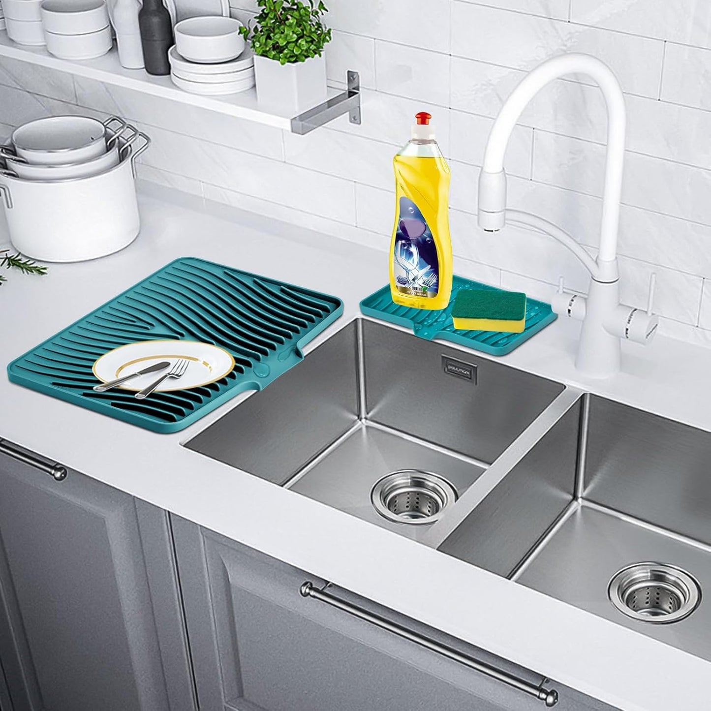 Silicone Dish Drying Mat for Kitchen Counter, Dish Drying Pad, Non-Slip Drain Pad with Built-in Drain, Heat Resistant Stone Drying Mat, 3 pcs (Green)