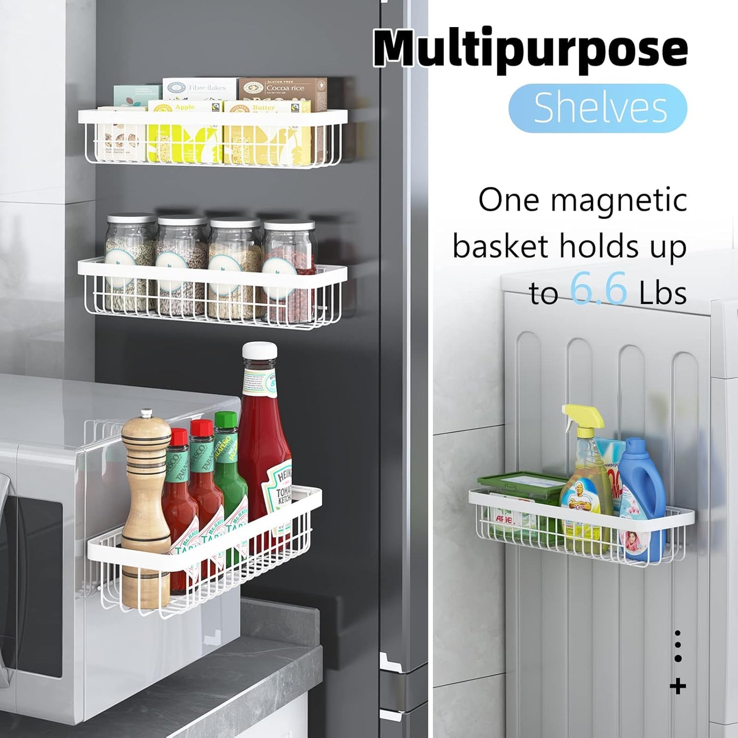 Warome Magnetic Spice Rack for Refrigerator, 4 Tier Shelf Organizer with Strong Magnets, Kitchen Storage Gadget with Utility Hooks