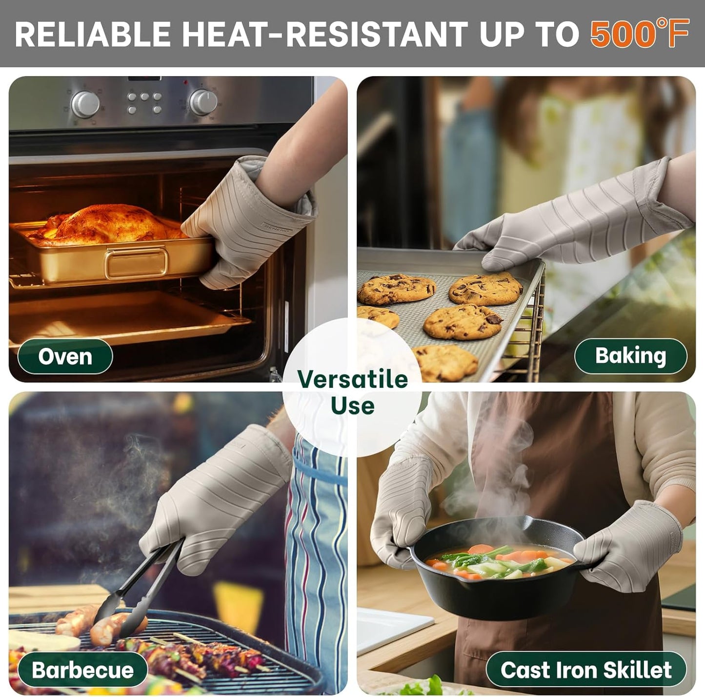 Beneno Oven Mitts, Heat Resistant BPA-Free Soft Silicone Oven Mitts 2-Pack, Waterproof Non-Slip Flexible Oven Gloves with Comfort Cotton Lining, Durable Kitchen Mitt Set for Baking Grill, 7"x13" Beige