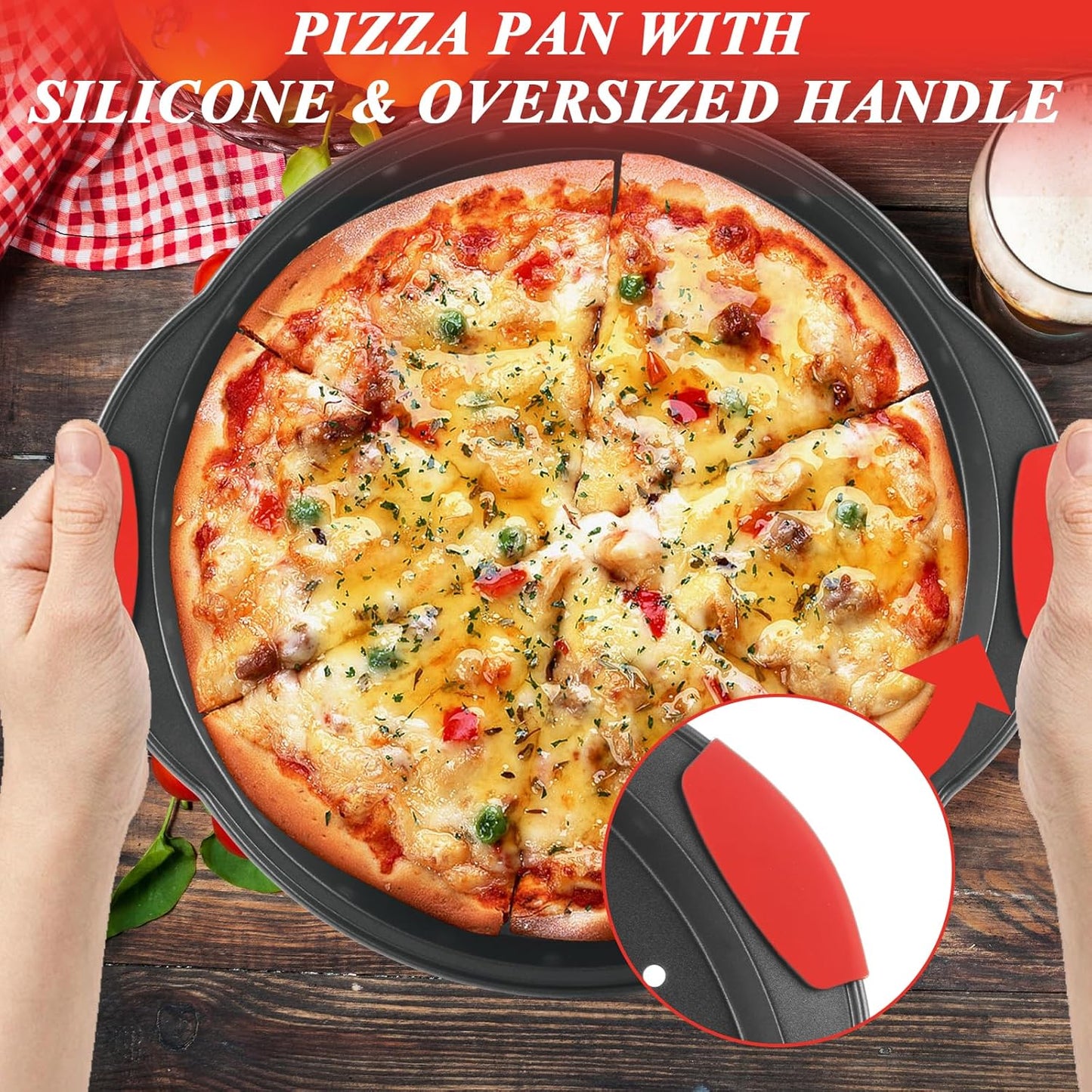 4 Pack Pizza Pan for Oven Round Pizza Pan with Holes & Handle Large Pizza Tray Set Metal Non Stick Pizza Plates Perforated Pizza Baking Sheet Carbon Steel Personal Platter for Grilling Cooking
