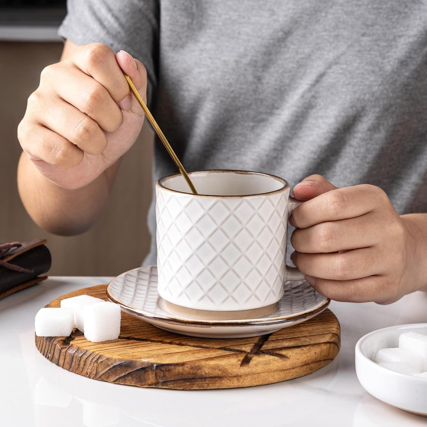 GBHOME 6OZ Stackable Coffee Mugs, Ceramic Coffee Mugs with Texture Patterns for Man,Woman,Dad,Mom, Modern Coffee Cups Set of 4 for Espresso/Cappuccino. Dishwasher&Microwave Safe