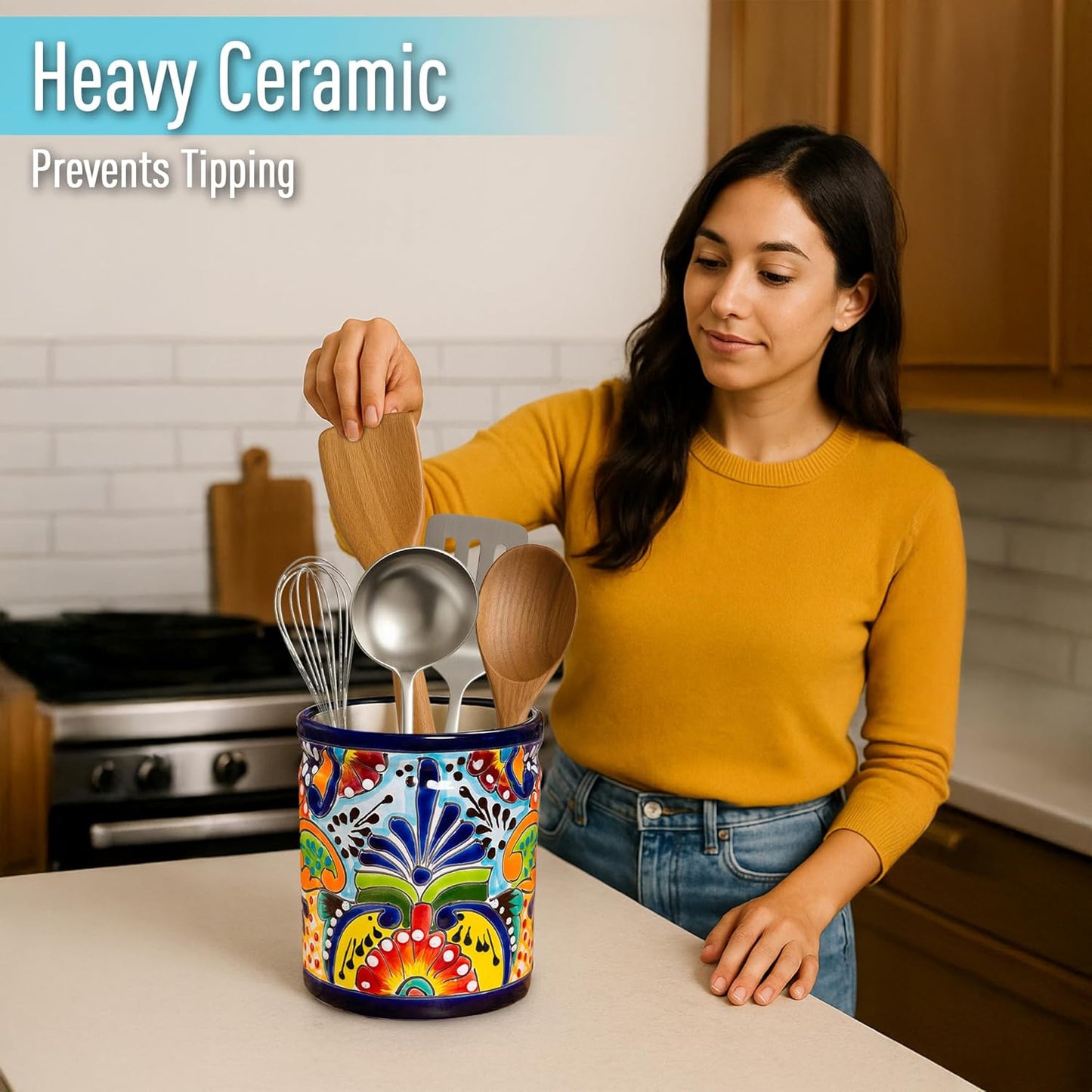 Utensil Holder For Counter, Large Utensil Crock, Talavera Mexican Pottery, Mexican Kitchen Decor, Drawer Organizer, Spoon Holder, Ceramic Mexico Decor for Home Spatula Holder Mexican Vase, Bohemian