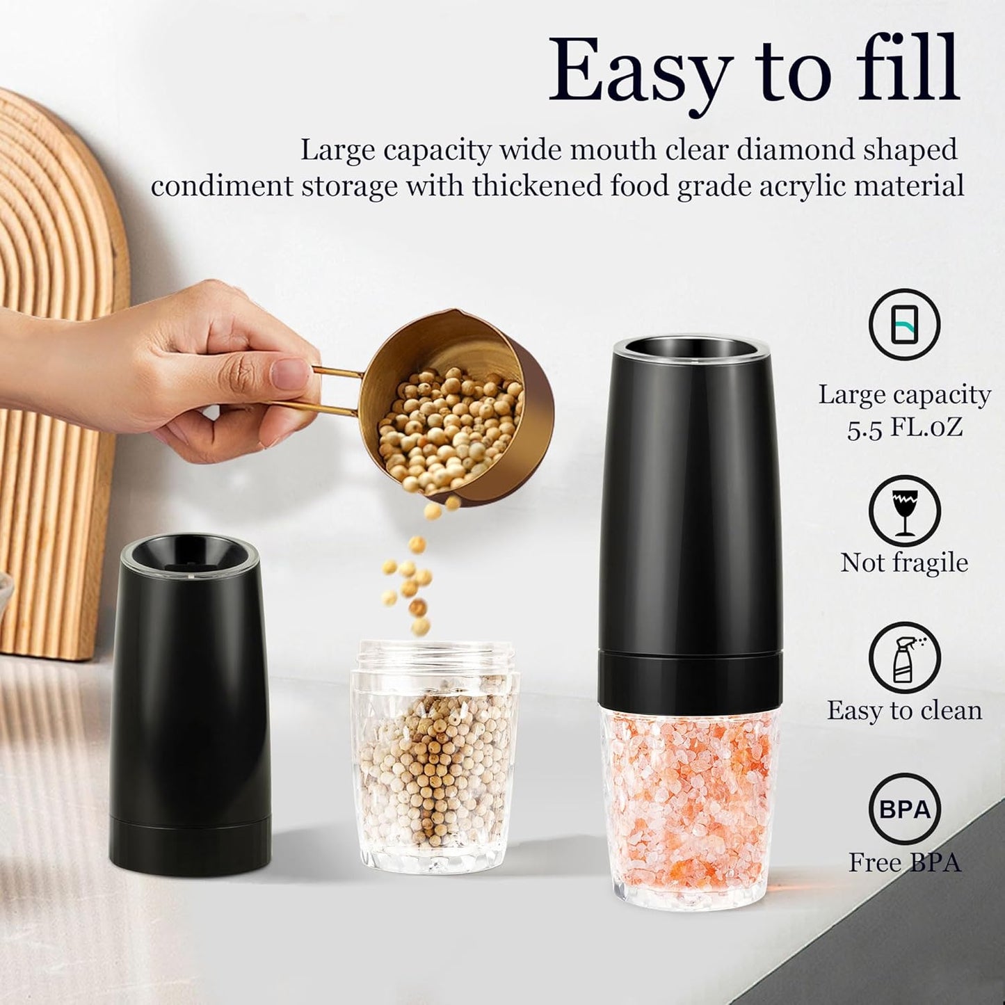 Gravity Electric Salt and Pepper Grinder, Automatic Pepper Mill, USB Rechargeable, Adjustable Coarseness, One-handed Operation, Ceramic Burr, Refillable, Auto Grinders with LED Light