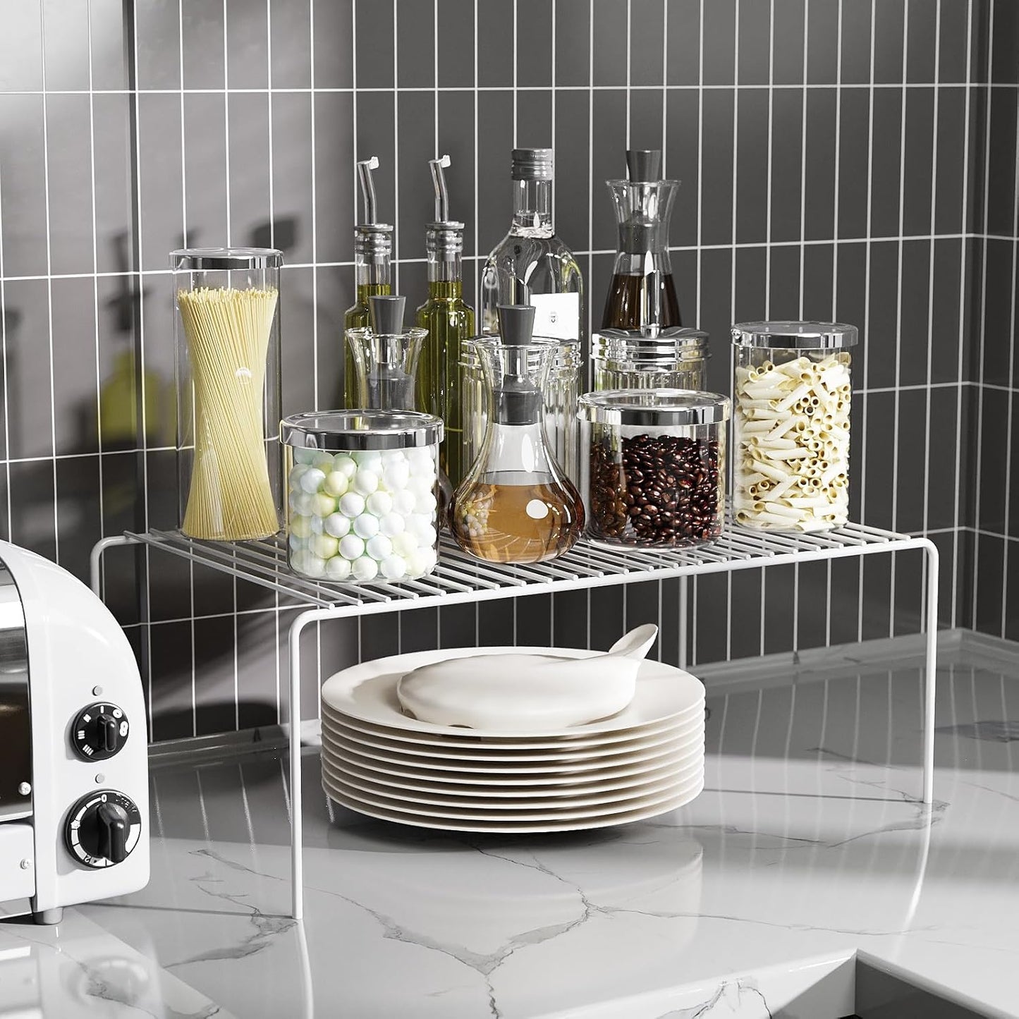 Medium(13 x 9.4 inch)White Cabinet Storage Shelf Rack Set of 6, Rustproof Metal Wire Kitchen Counter Organizers and Storage, Spice Organization for Cabinet, Plate, Dish, Pantry, Bathroom, Fridge