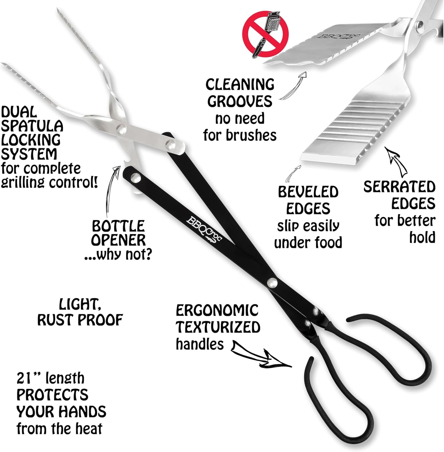 BBQCroc 3 in 1 Barbecue Tool 21-inch - Extra Light and Long Tongs, Spatula and Grill Scraper (Black)