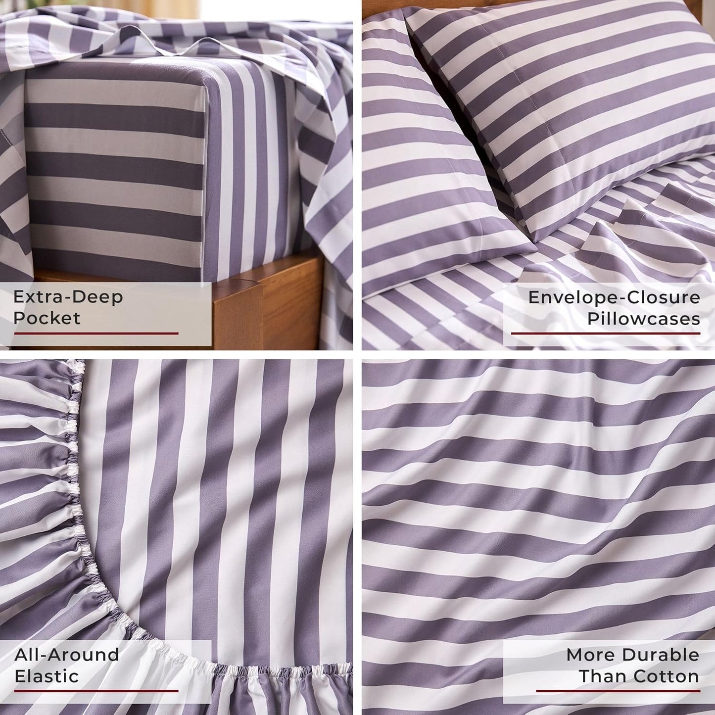 Mellanni Queen Sheets Set - 4 PC Iconic Collection Bedding - Hotel Luxury, Extra Soft, Cooling Bed Sheets - Wrinkle, Fade, Stain Resistant (Queen, Oxford Stripe Hazy Lilac)