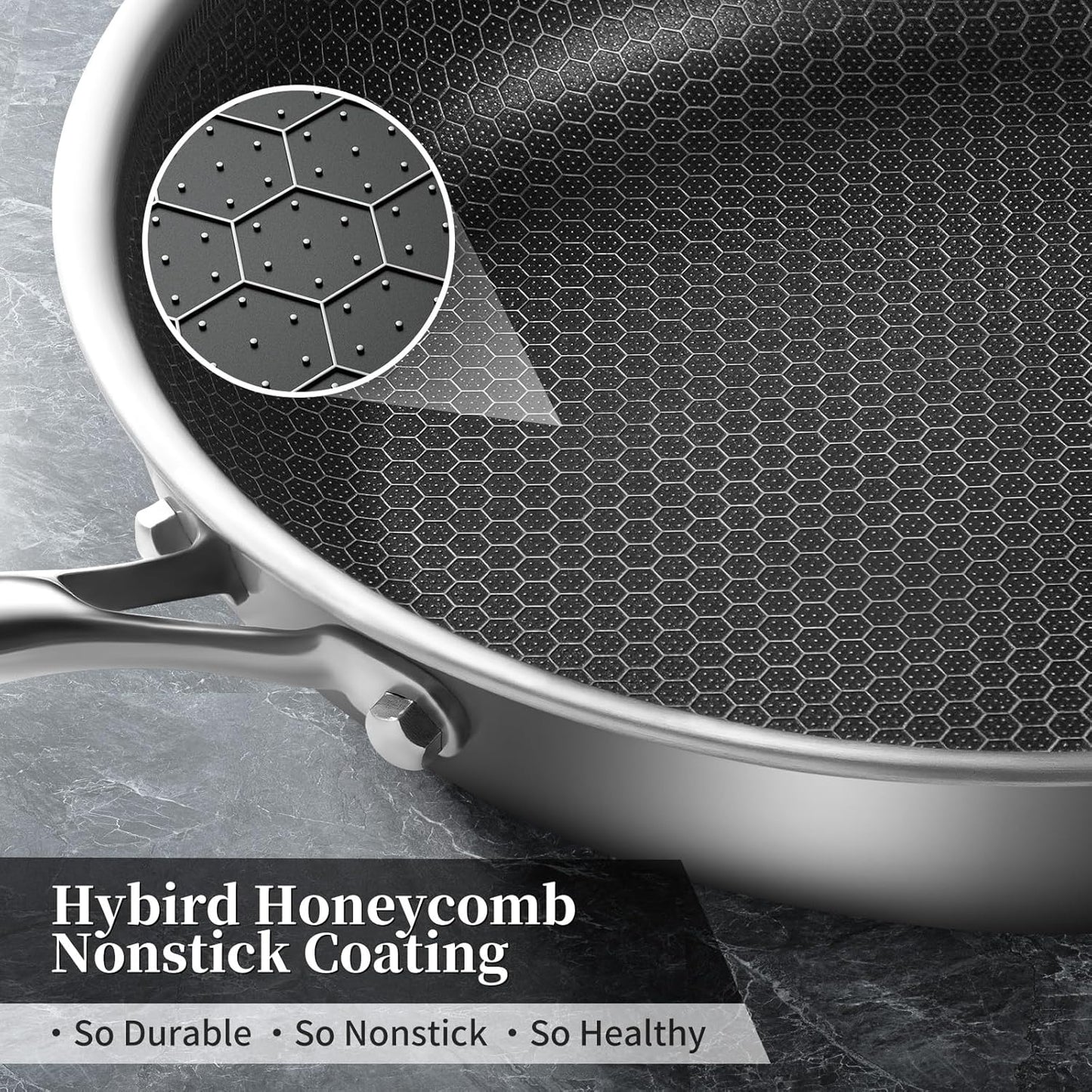 Tri-Ply Stainless Steel Frying Pan Set with Lid,8 Inch,9.5 Inch and 11 Inch Nonstick Honeycomb Stainless Steel Cooking Skillet Set of 3 for Induction Gas Stovetops