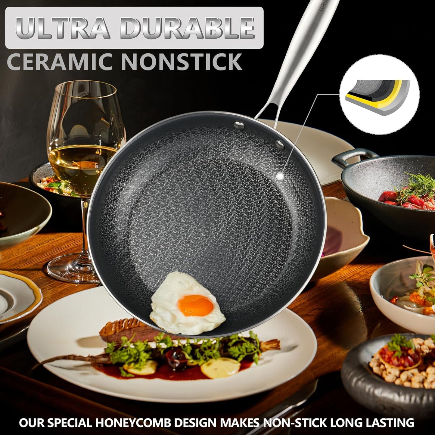 Stainless Steel Nonstick Frying Pan, Hybrid Ceramic 10-Inch Frying Pan, Stay-Cool Handle, PFAS & PFOA PTFE Free, Dishwasher & Oven Safe, Scratch-Resistant, Compatible with Induction & All Cooktops