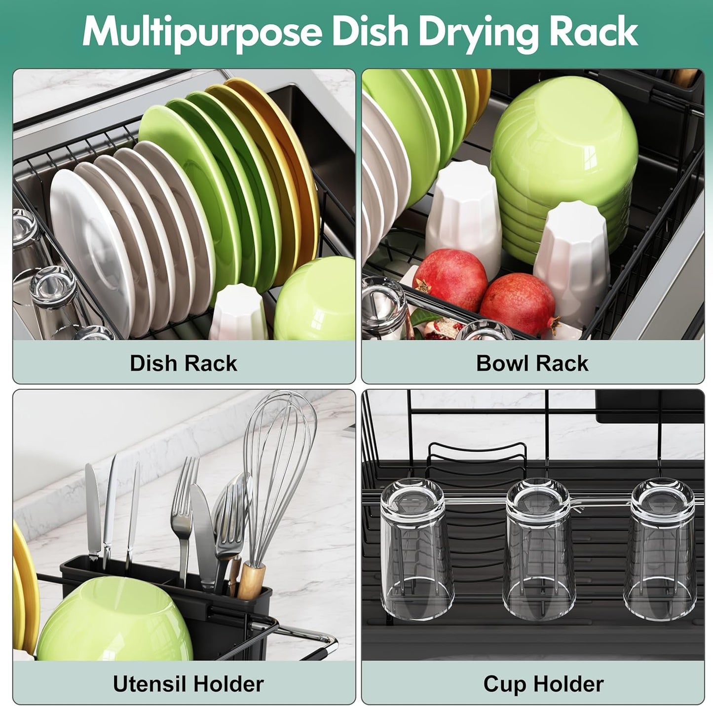 Over the Sink Expandable Dish Drainer Drying Rack In Stainless Steel for Small Kitchen, Counter Space Saving Modern Compact Metal Above Plate Dryer Strainer, Adjustable Hanging Inside Drain Holder
