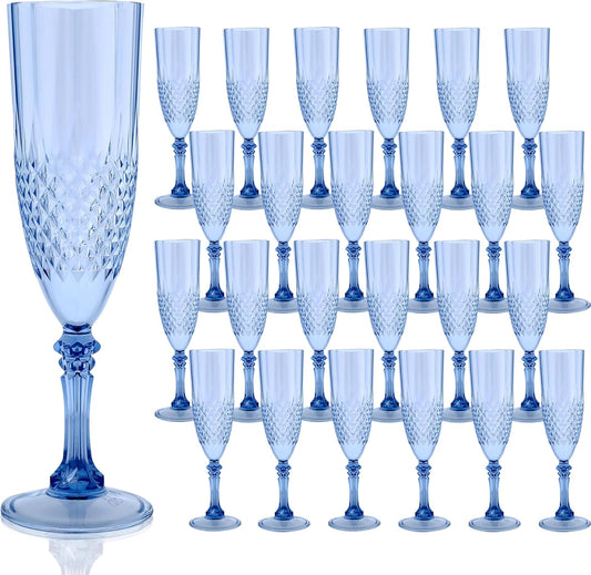 Plastic Champagne Flutes, 24PCS Blue Plastic Wine Glasses Goblets Reusable Champagne Flute for Weddings, Bachelor Parties, Toasting, and Events (24, Blue)
