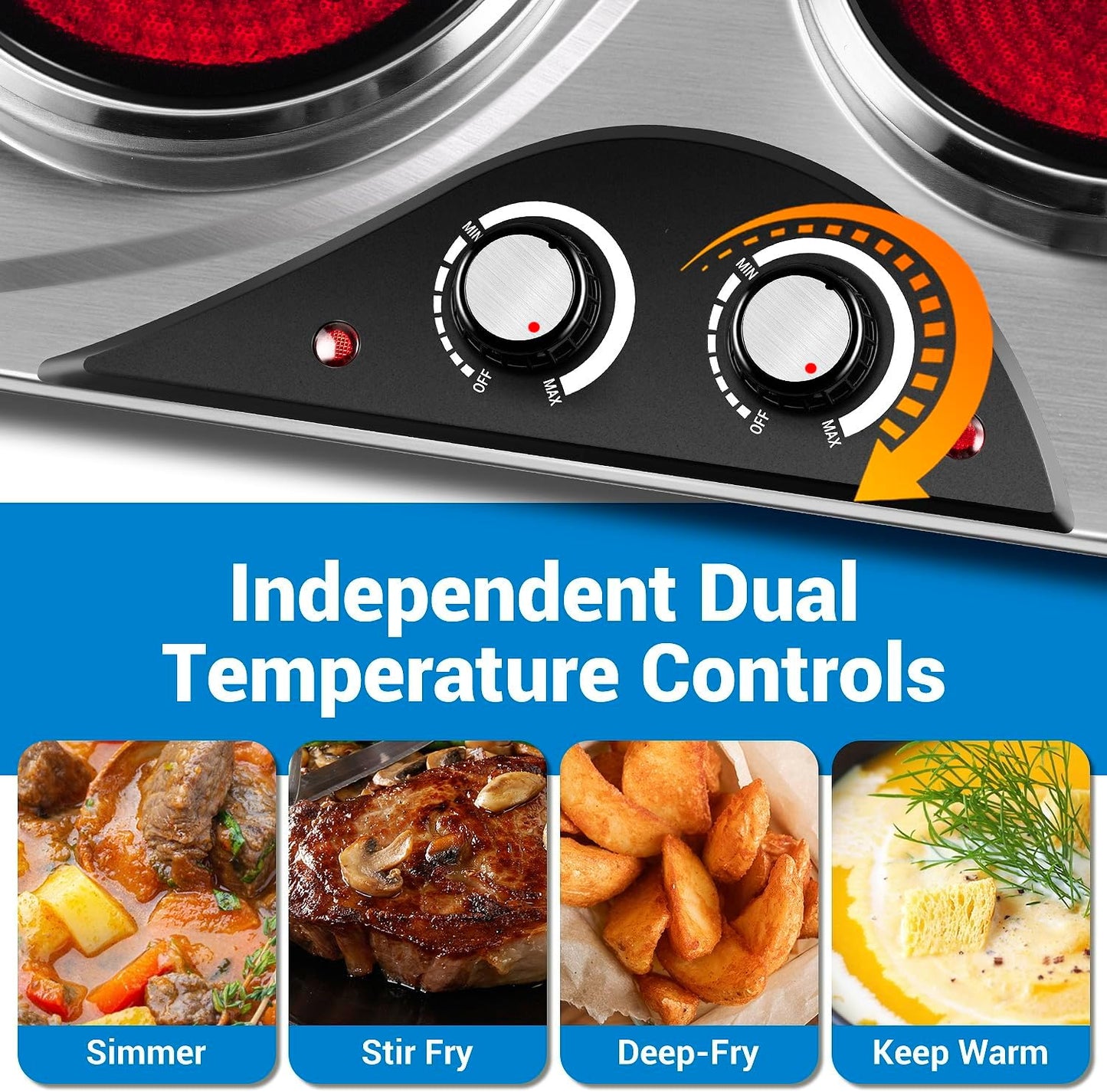 Hot Plate, CUSIMAX Electric Double Burner, Portable Ceramic Infrared Cooktop, Dual Control Cooking Stove, Heat-Up in Seconds, Compatible for All Cookwares, Silver