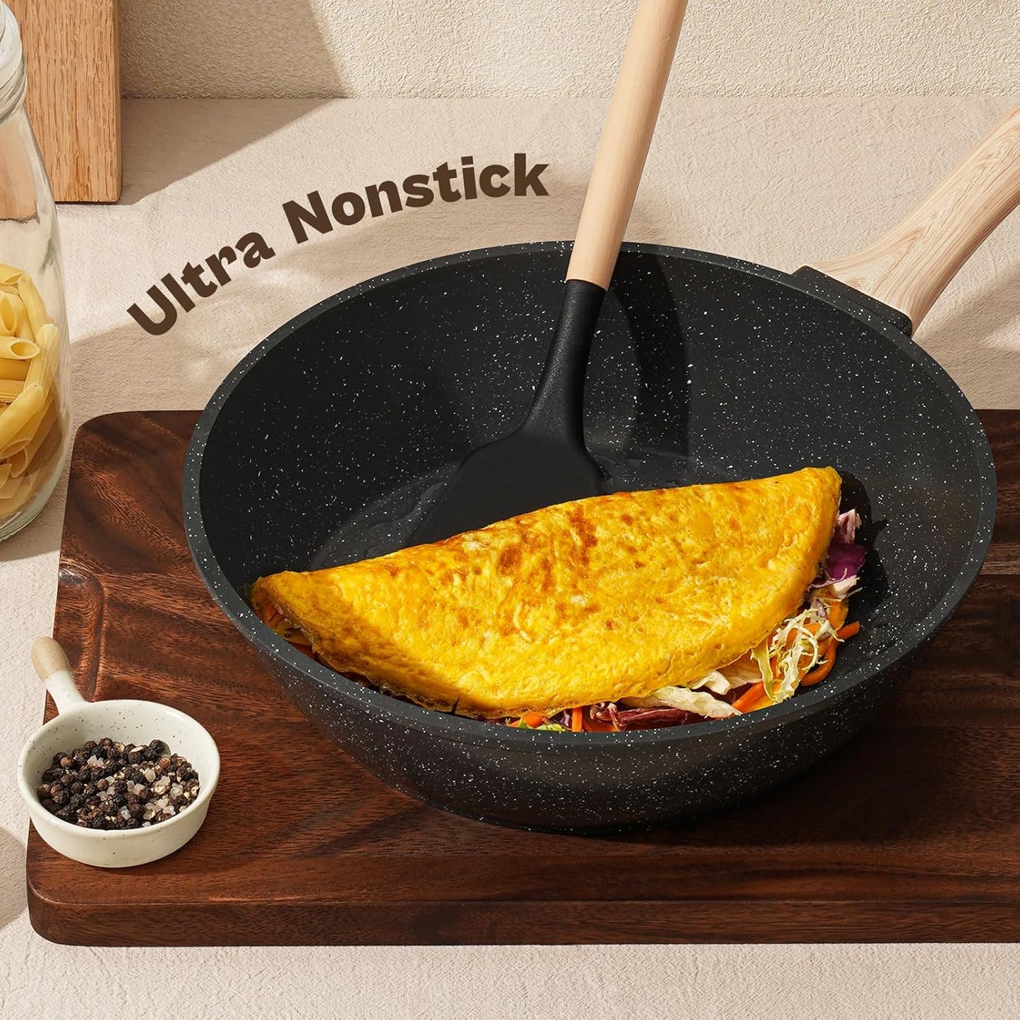 13 Pcs Pots and Pans Set, Nonstick Cookware Sets Black Granite Induction Cookware, Non-toxic Healthy Non stick Kitchen Cooking Set with Frying Pans Set, Saucepans (PFAS/PFOA/PFOS Free)