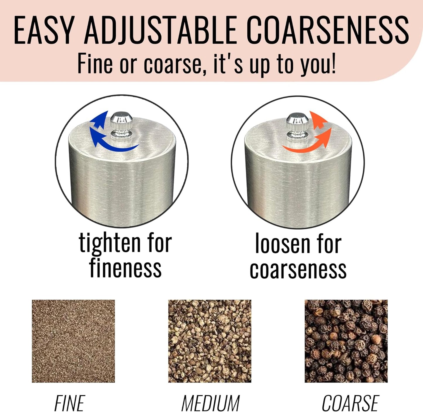 Salt and Pepper Grinder Set Manual 2 Pack | Large Round Salt and Pepper Shakers Set | 7.5 inch Stainless Steel Salt Grinder Refillable | Manual Pepper Grinder (Stainless Steel)