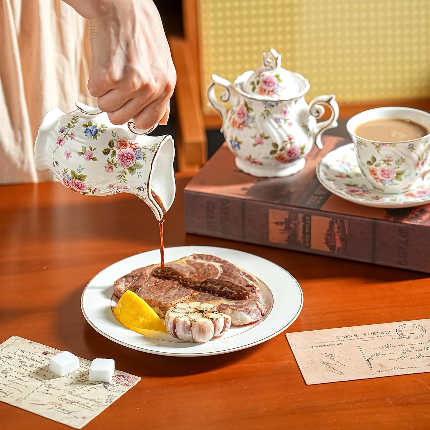 Sugar and Creamer Set Ceramic, Creamer Pitcher and Sugar Bowl with Lid, Creamer Pitcher with Handle,Sugar Cube Dish Coffee or Tea (White with small flowers)