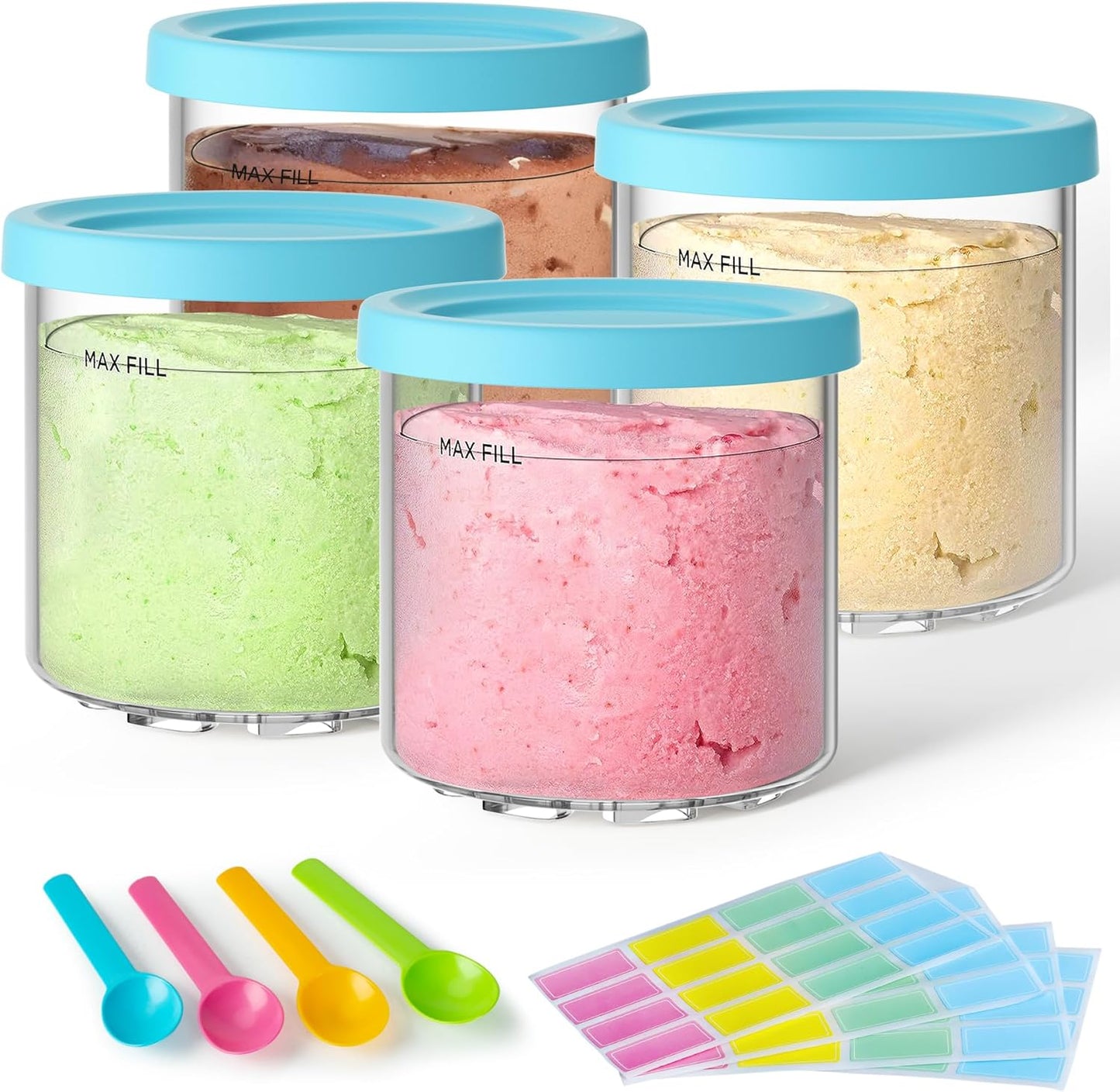 4 Pack Creami Pint Containers and Lids for Ninja with 4 Spoons and Writable Labels, Compatible with Ninja NC299 NC300 NC301 Series Creami Maker Machine Accessories, BPA Free & Dishwasher Safe, Blue