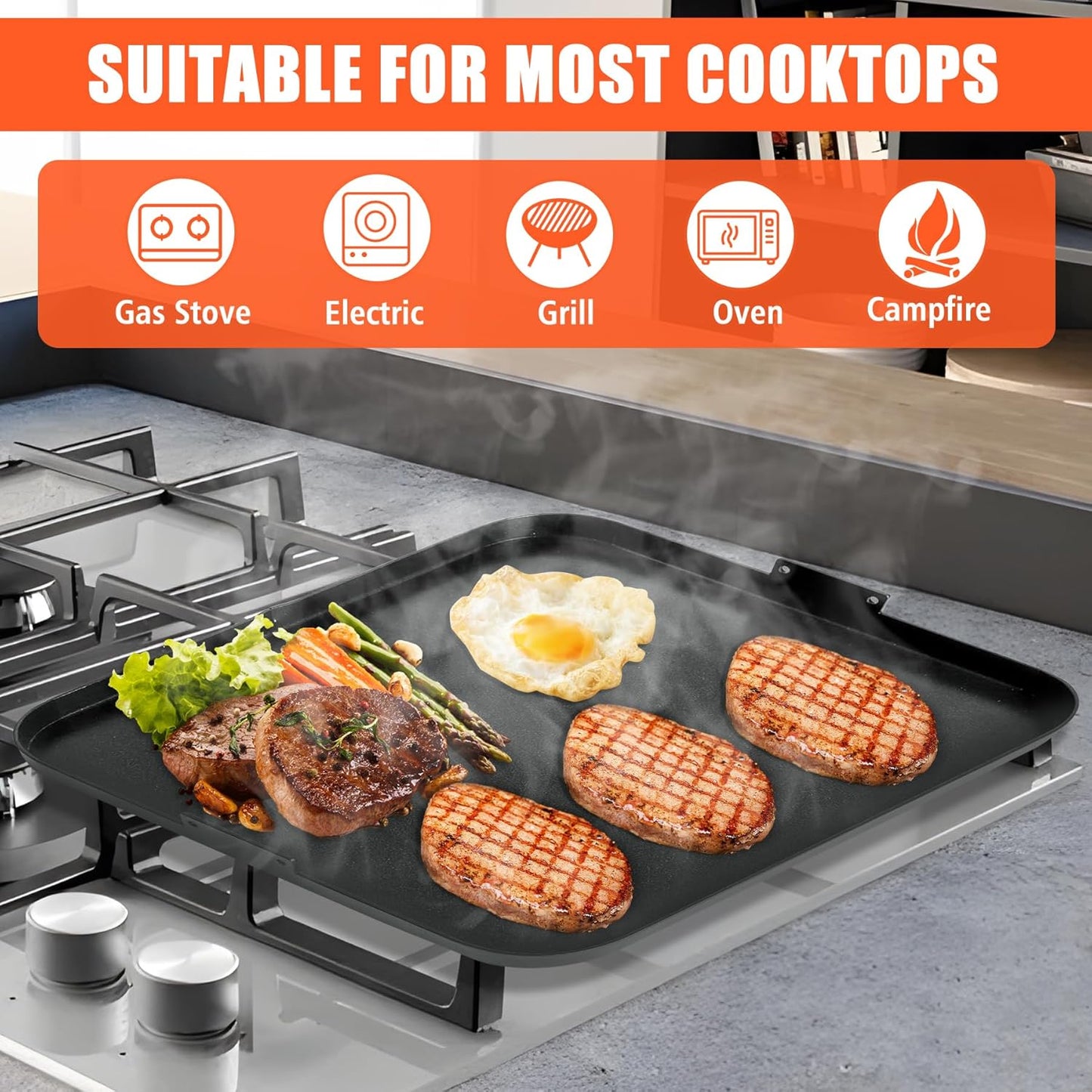 KEESHA 19.5" x 19.5" Premium Nonstick Carbon Steel Griddle with 2 Handles for for Recteq Pellet RT-590 RT-680 RT-700 Electric Pellet Smoker Grill, Taller Edges for Grilling and Stir-Frying