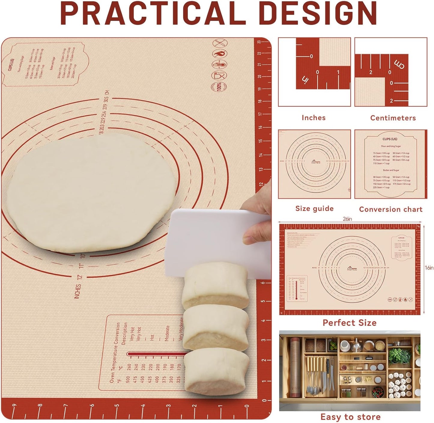 HOTEC Silicone Baking Mat - 26x16 Thickened Pastry Dough Mat with Measurement Non-Stick For Dough Rolling, Bread, Oven Liner, Kitchen Counter, Fondant/Pie Crust