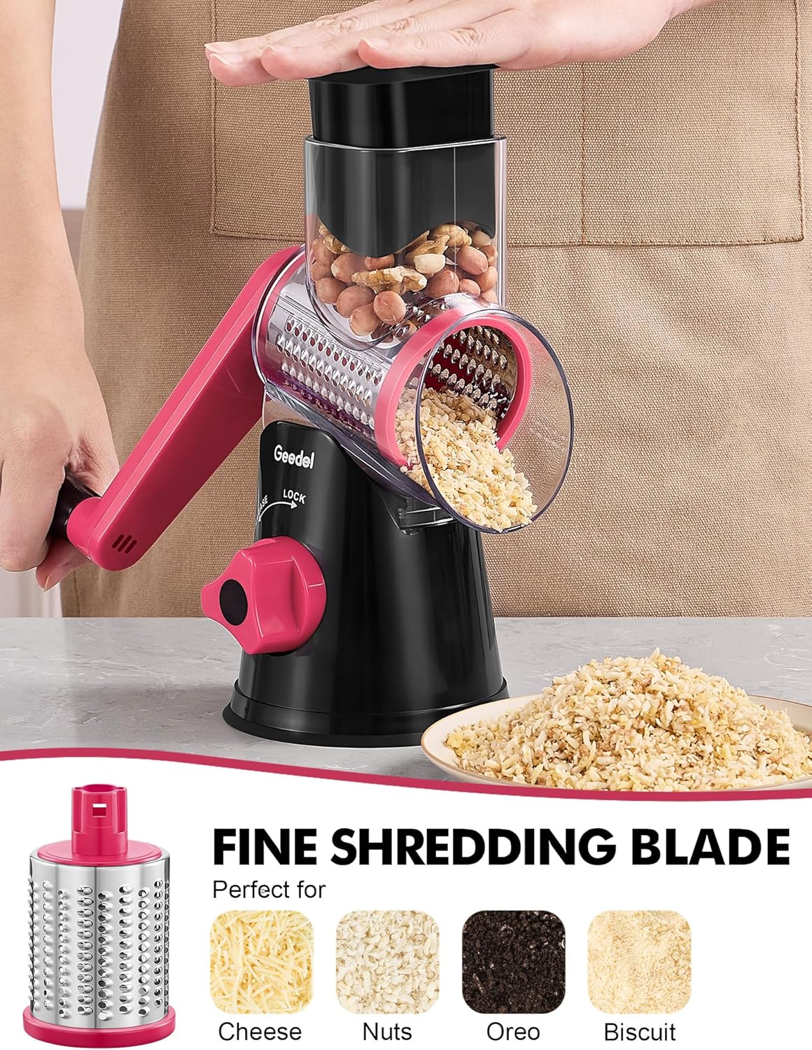 Geedel Rotary Cheese Grater, Kitchen Mandoline Vegetable Slicer with 3 Interchangeable Blades, Easy to Clean Rotary Grater Slicer for Fruit, Vegetables, Nuts