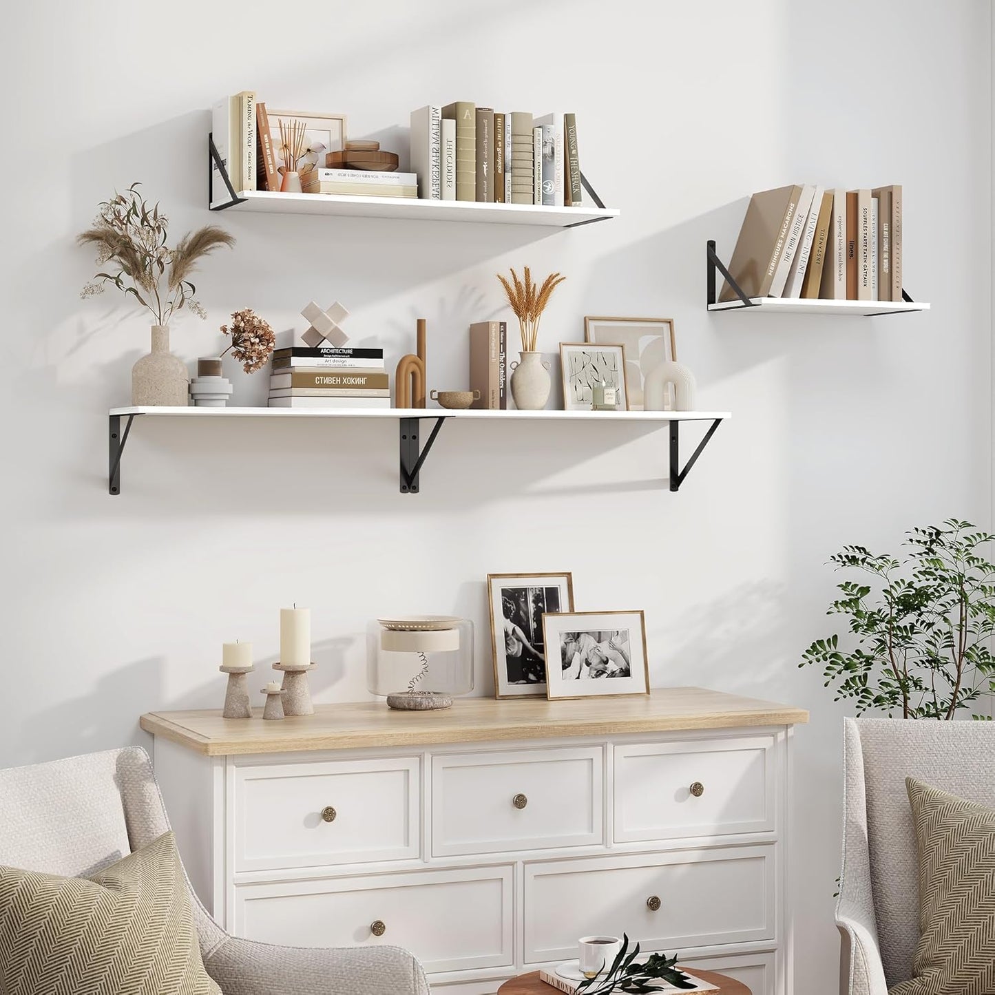 Heimlove White Deep Floating Shelves for Wall, 40W x 8D Wood Wall Shelves Set of 2, Wide Floating Bookshelf for Living Room, Kitchen, Office, Bedroom and Decor Storage, with Black Bracket - White