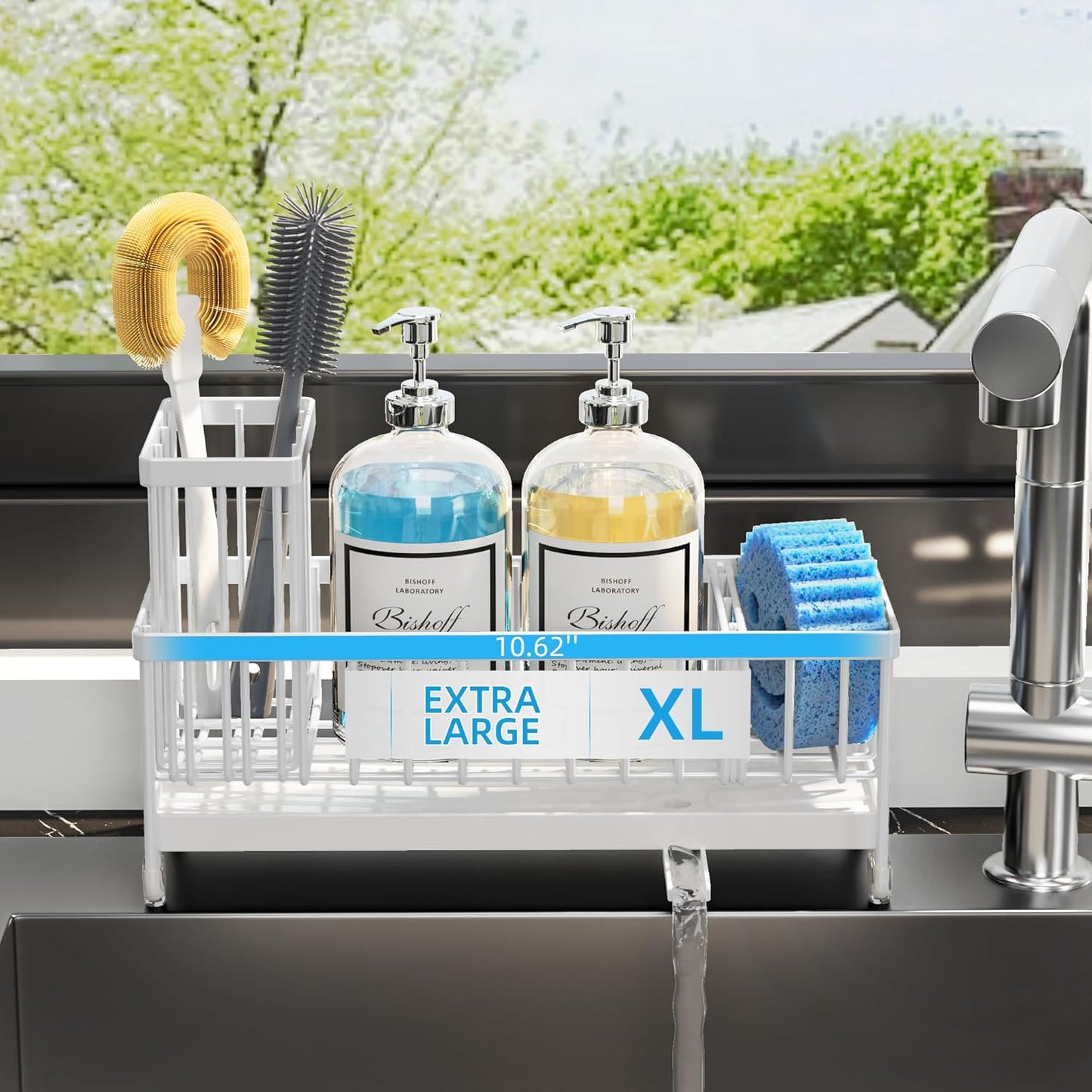 Moforoco Extra Large Kitchen Sink Caddy, Rustproof Sponge Holder for Kitchen Sink with High Brush Holder, Stainless Steel White Kitchen Caddy Sink Countertop Organizer, Sponge Caddy for Kitchen Sink