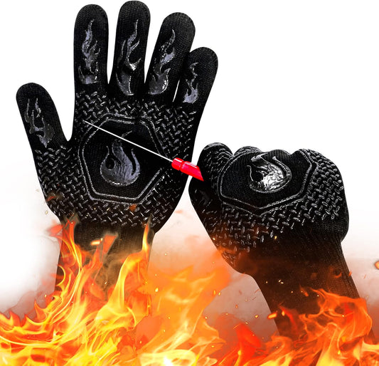 BBQ Fireproof Gloves, Grill Cut-Resistant Gloves 1472°F Heat Resistant Gloves, Non-Slip Silicone Oven Gloves, Kitchen Safe Cooking Gloves for Oven Mitts,Barbecue,Cooking, Frying,13.5 Inch-Black
