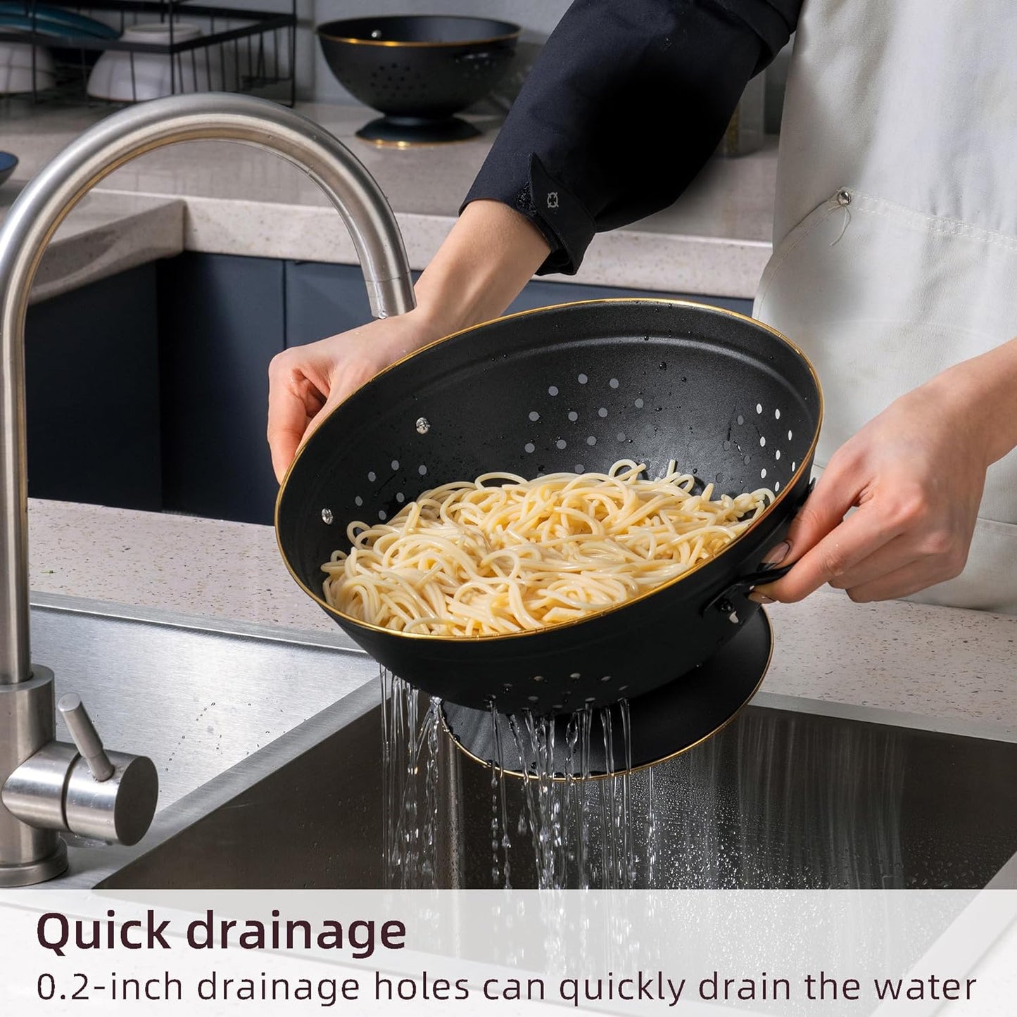 Metal Colander Set of 2, Strainer Basket with Handles perfect for Spaghetti, Pasta, Berry, Vegetable, Fruit, Solid Base Powder Coated Self-draining Kitchen Colander Bowel, 3.5 & 5 Qt, Matte Black