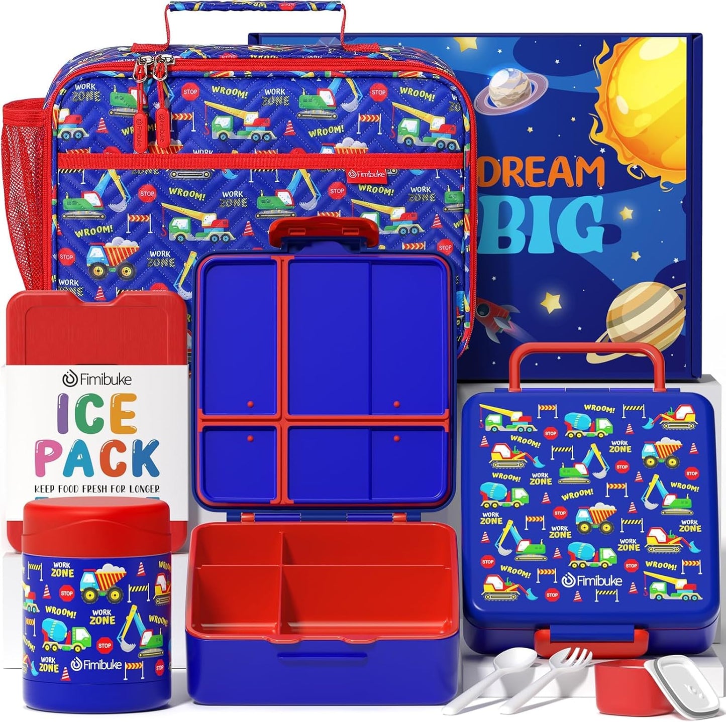 Fimibuke Kids Bento Snack Lunch Box with 4 Compartment, Insulated lunch Bag, Stainless Steel Vacuum Thermos Food Jar, Ice Pack, Utensils Set, Birthday Gift for Age 3-12 Back to School Toddler Girl Boy