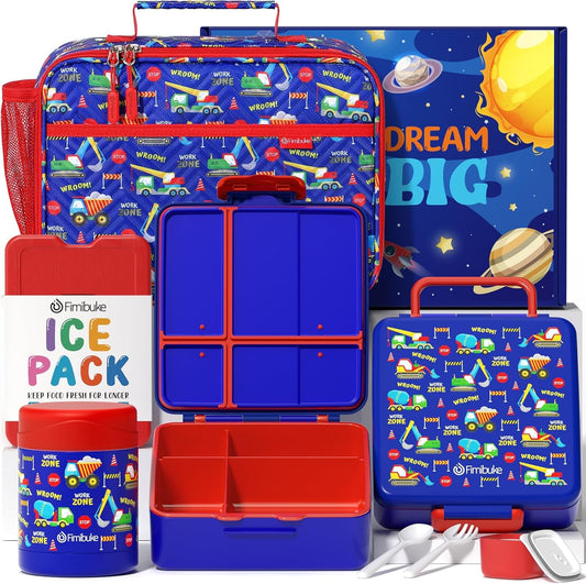 Fimibuke Kids Bento Snack Lunch Box with 4 Compartment, Insulated lunch Bag, Stainless Steel Vacuum Thermos Food Jar, Ice Pack, Utensils Set, Birthday Gift for Age 3-12 Back to School Toddler Girl Boy