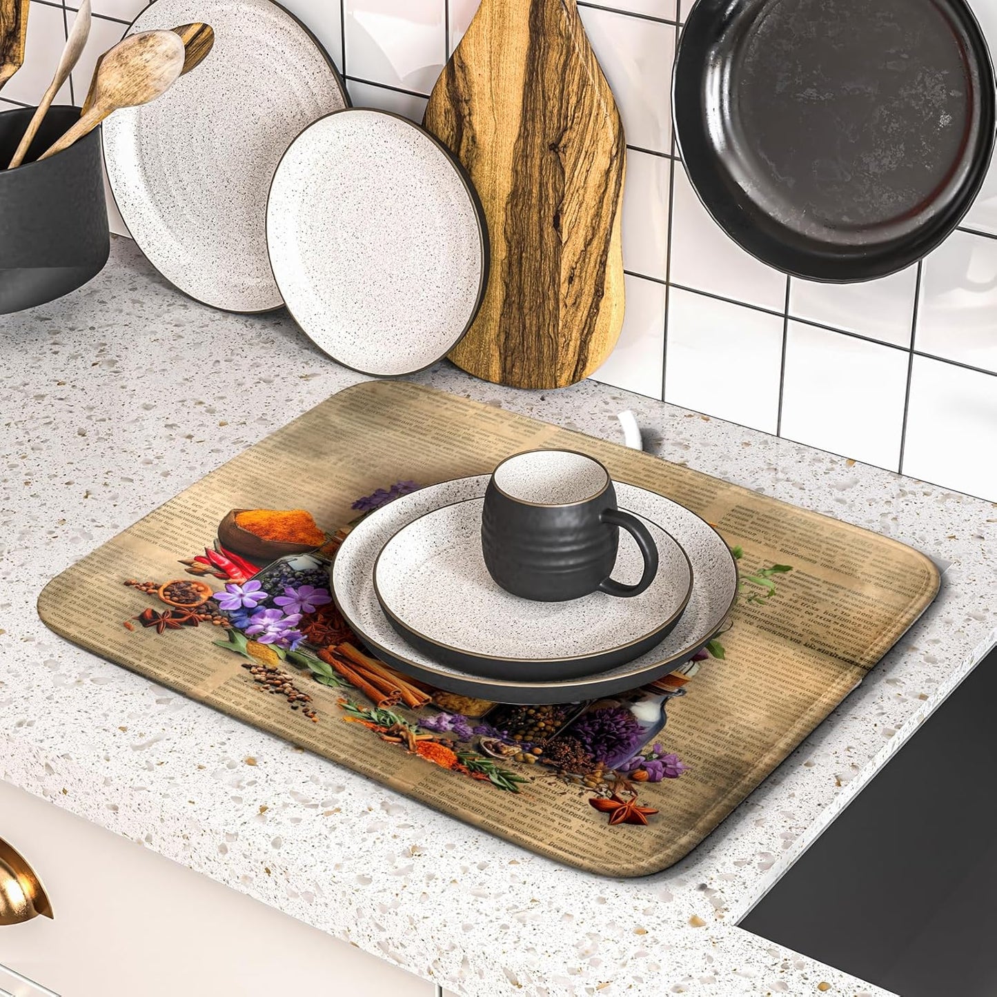 Vintage Kitchen Dish Drying Mat - Spice Bottle Decorative Dish Sink Rack Pad 16 X 18 Inch