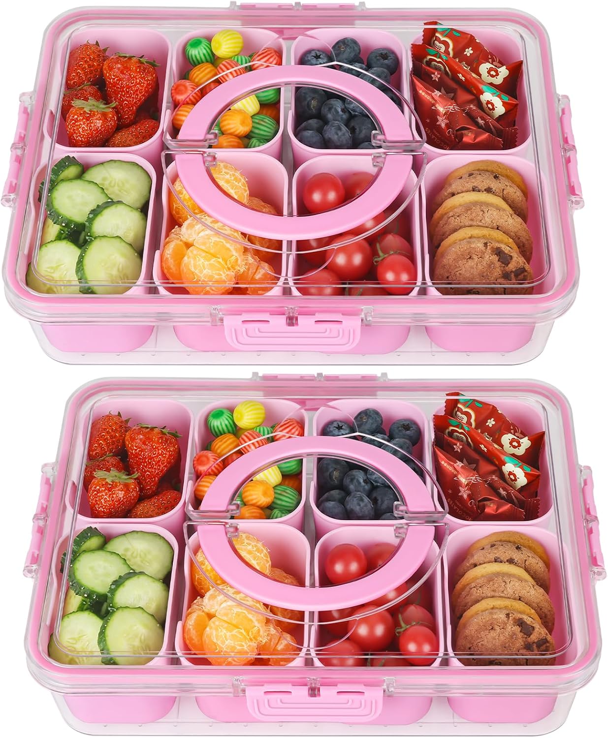 shopwithgreen Snackle Box Charcuterie Container, Divided Serving Tray with Lid and Handle for Party, Veggies, Fruits, Nuts, Food Tray Platter Snack Box Container for Entertaining, Picnic, Pink, 2pcs