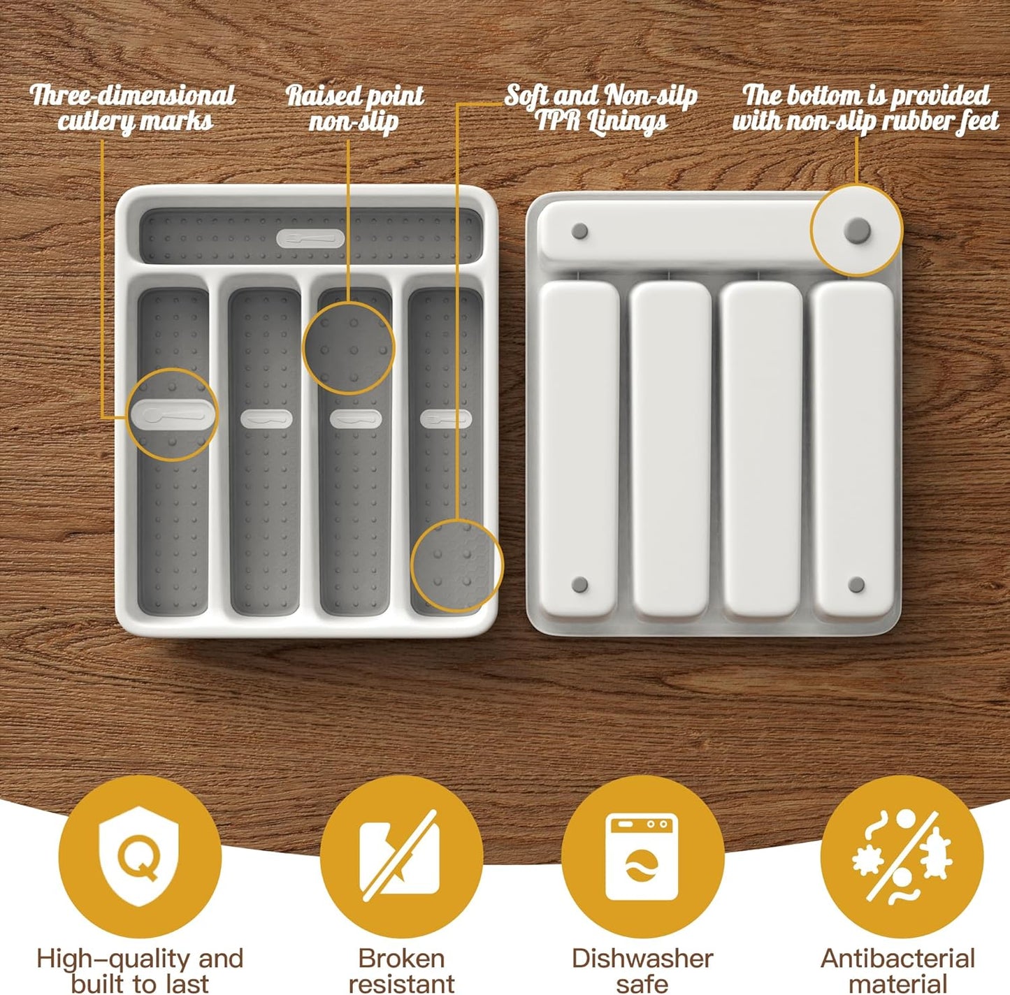 5-Slot Utensil Drawer Organizer for Silverware & Cutlery | Large Plastic Utensil Holder with Non-Slip Design, Silverware Drawer Organizer, BPA-Free (White)