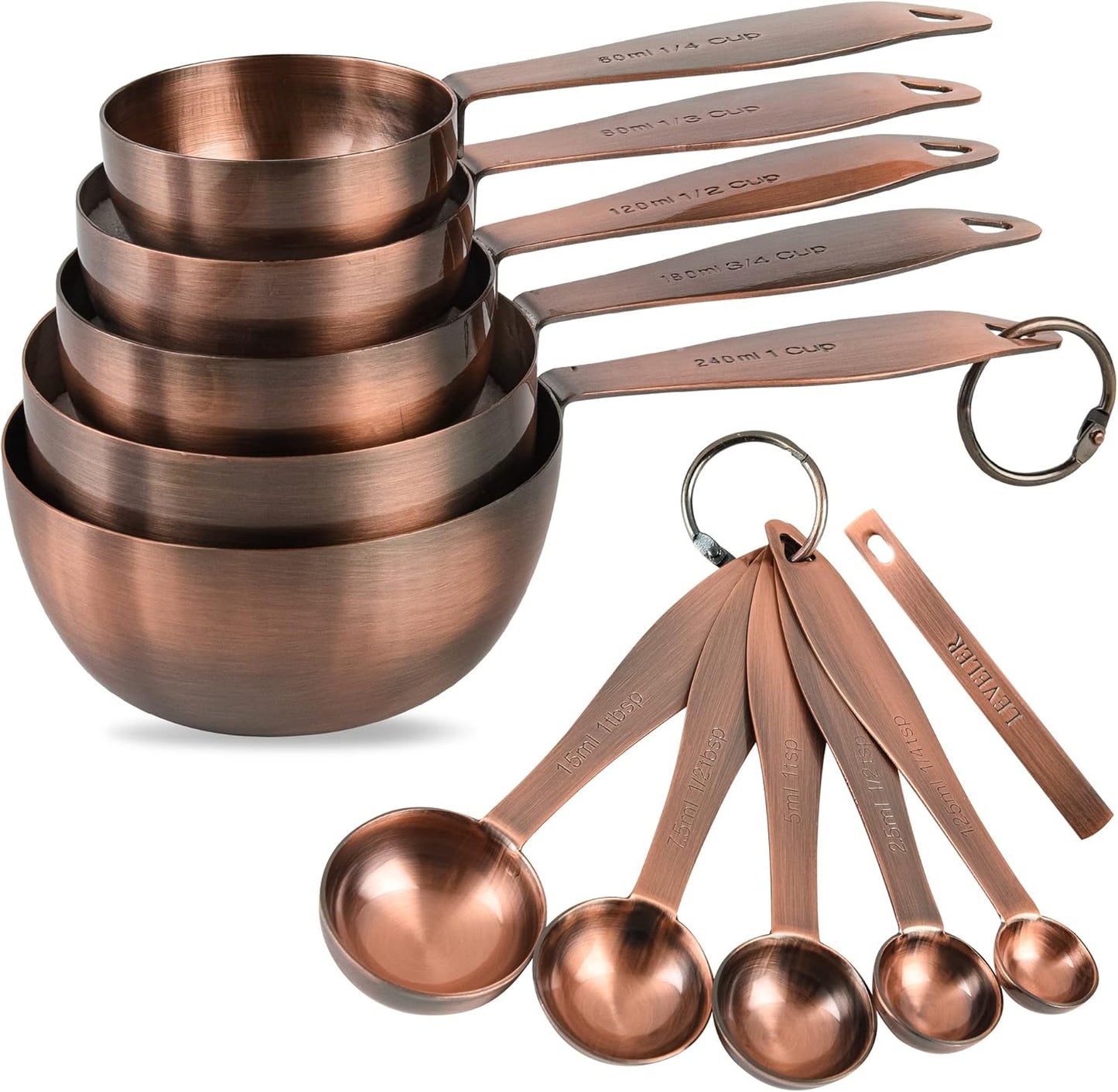 Copper Plated Measuring Cups and Spoons Set with 5 Copper Measuring Cups and 5 Measuring Spoons and Measure Ingredient Leveler and Rings, Metric & US Metal Measure Cups and Spoons for Baking & Kitchen