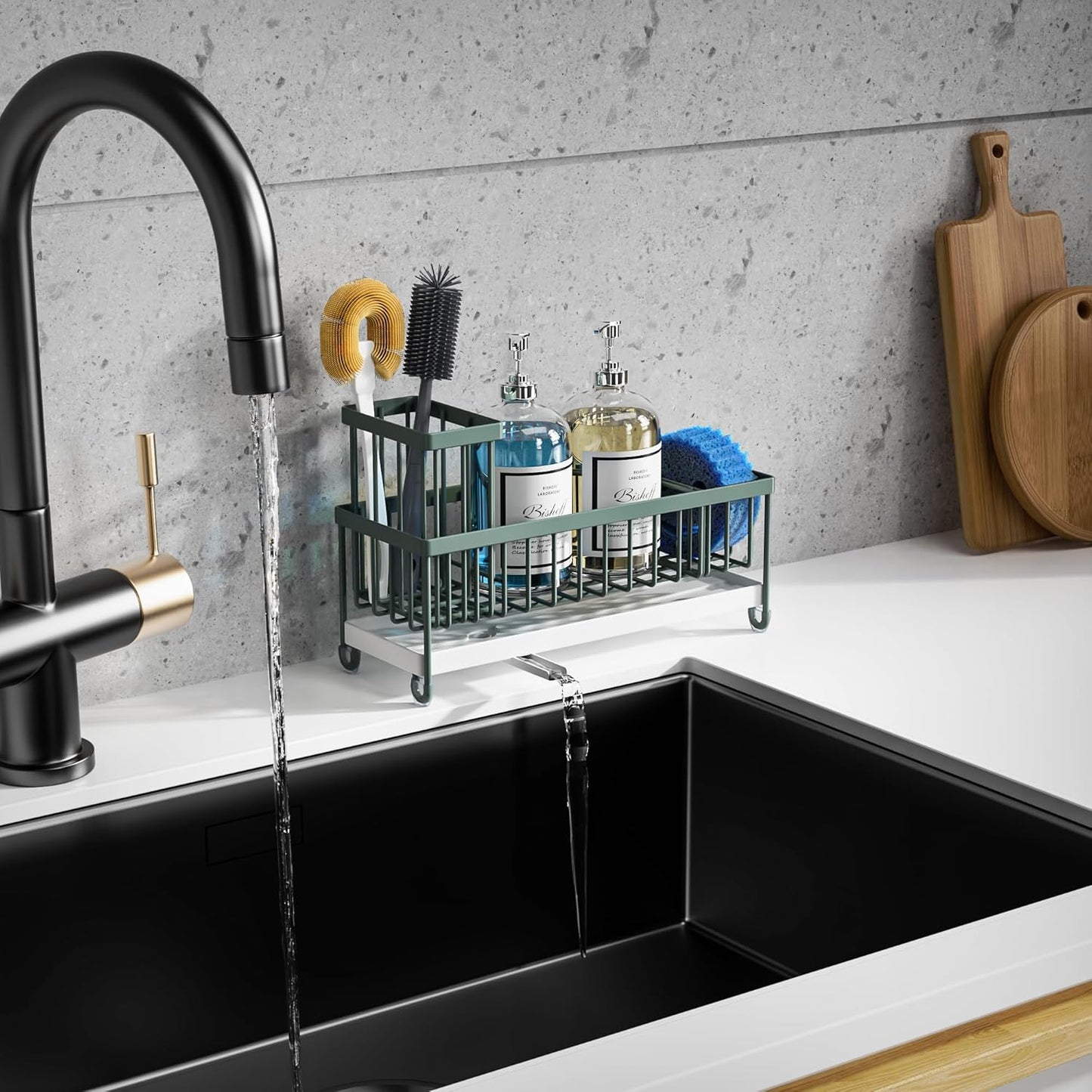 Moforoco Extra Large Sponge Holder for Kitchen Sink Organizer Caddy, Dish Brush Scrubber Holder,Stainless Steel Sink Box Utensil Holder,Soap Dispenser Set Tray Counter Accessories（Sage Green ）