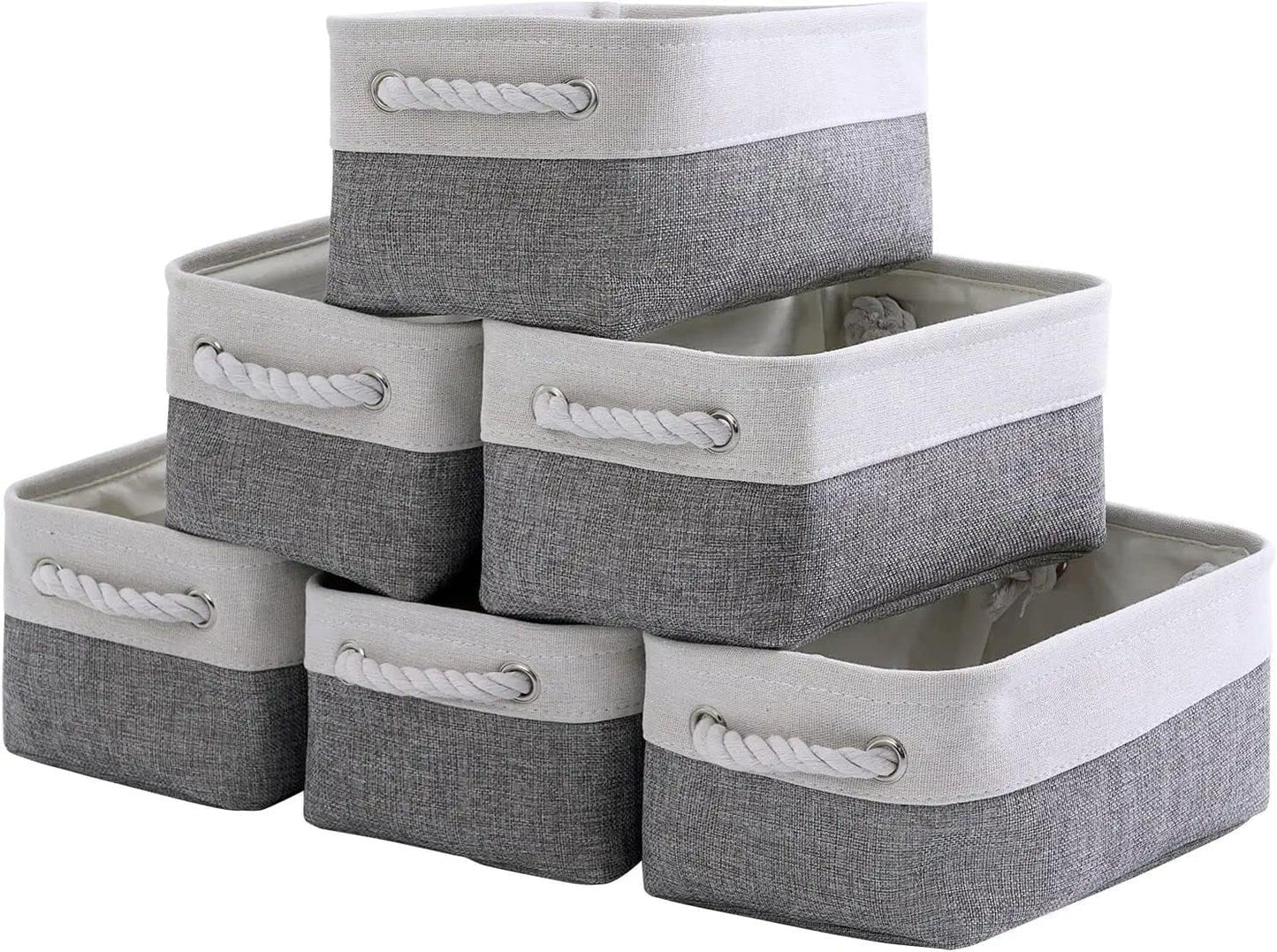 TcaFmac Small Storage Baskets for Shelf 6 Pack Canvas Storage Basket with Handles Fabric Storage Basket for Organizing Storage Bin (White and Grey, 12x8x5")
