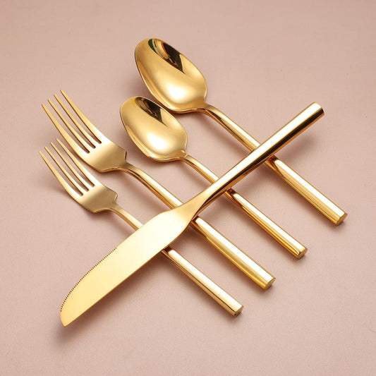 Mirror Silverware Set Gold Flatware Set with Hexagon Handle 20 Pieces 18/0 Stainless Steel Cutlery Set Wedding Housewarming Gift Service for 4 (Mirror gold)