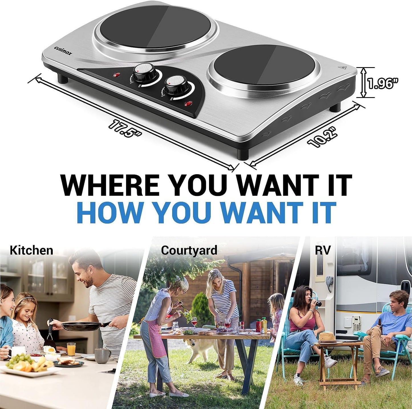 Hot Plate, CUSIMAX Electric Double Burner, Portable Ceramic Infrared Cooktop, Dual Control Cooking Stove, Heat-Up in Seconds, Compatible for All Cookwares, Silver