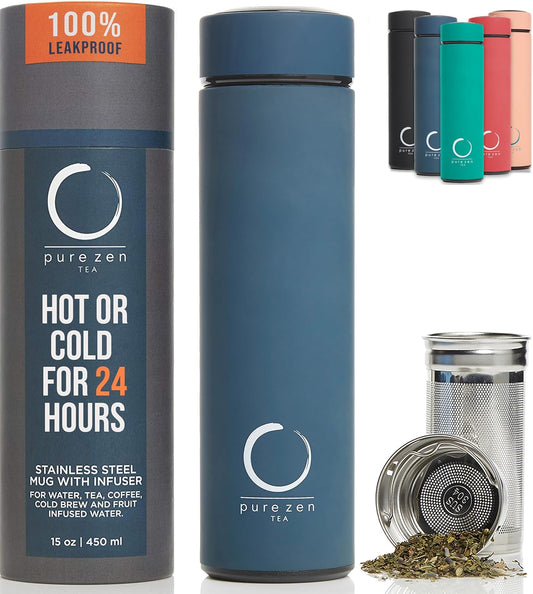 Pure Zen Tea Thermos with Infuser for Hot and Cold Infusions - Stainless Steel - Tea Infuser Bottle - Leakproof Travel Mug with Filter - 15oz - Blue