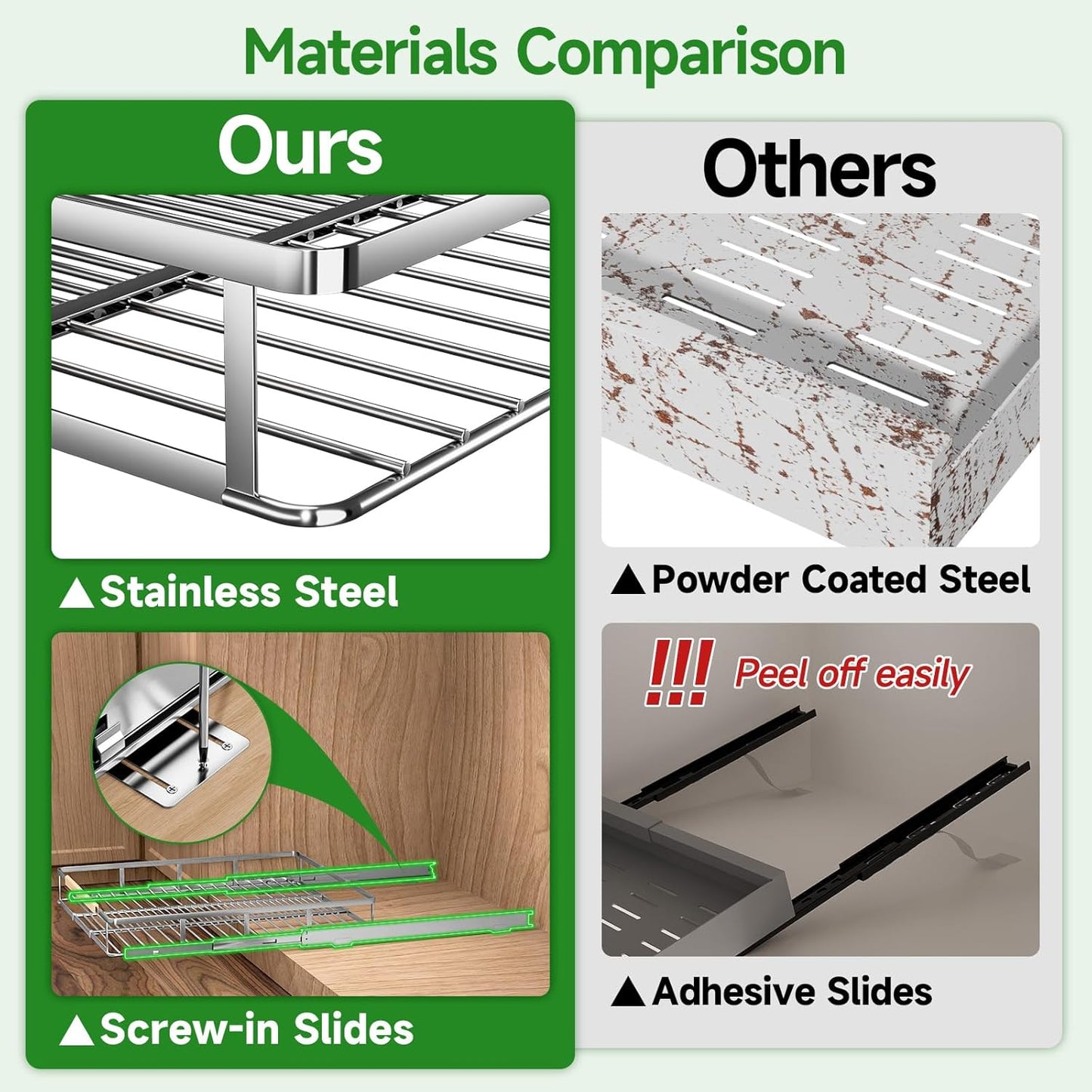 Adjustable Pull Out Shelves for Kitchen Cabinet, Expandable Pull Out Drawders for Cabinets, Pull Out Cabinet Organizer Roll Out Drawers, Stainless Steel, Cabinet Width 16.2" - 26.2", 1 Pack