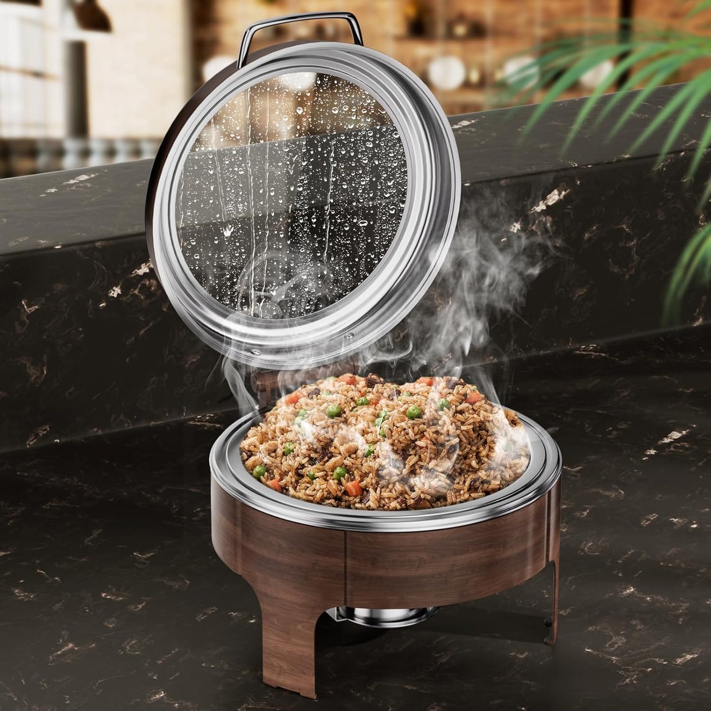 Chafing Dishes for Buffet, 6QT Round Stainless Steel Chafing Dish with Transparent Hydraulic Lid, 304 Food Pan, Buffet Warmer for Parties and Events (Wood Color)